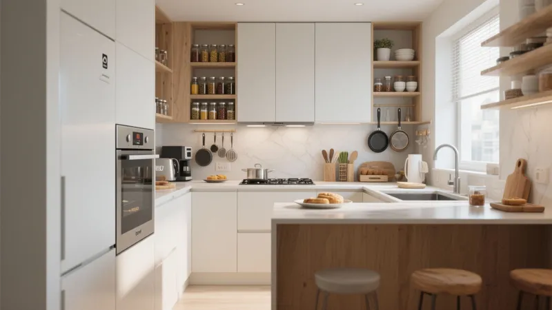 Modern Scandinavian Kitchen with Wood Accent Shelving