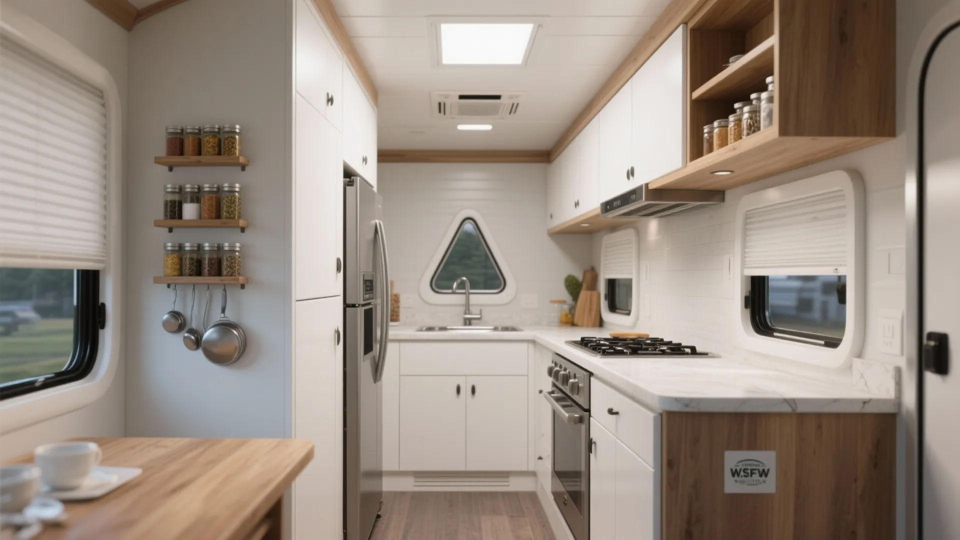 Modern galley kitchen with white cabinets wood accents stainless steel fridge stove and triangular window view