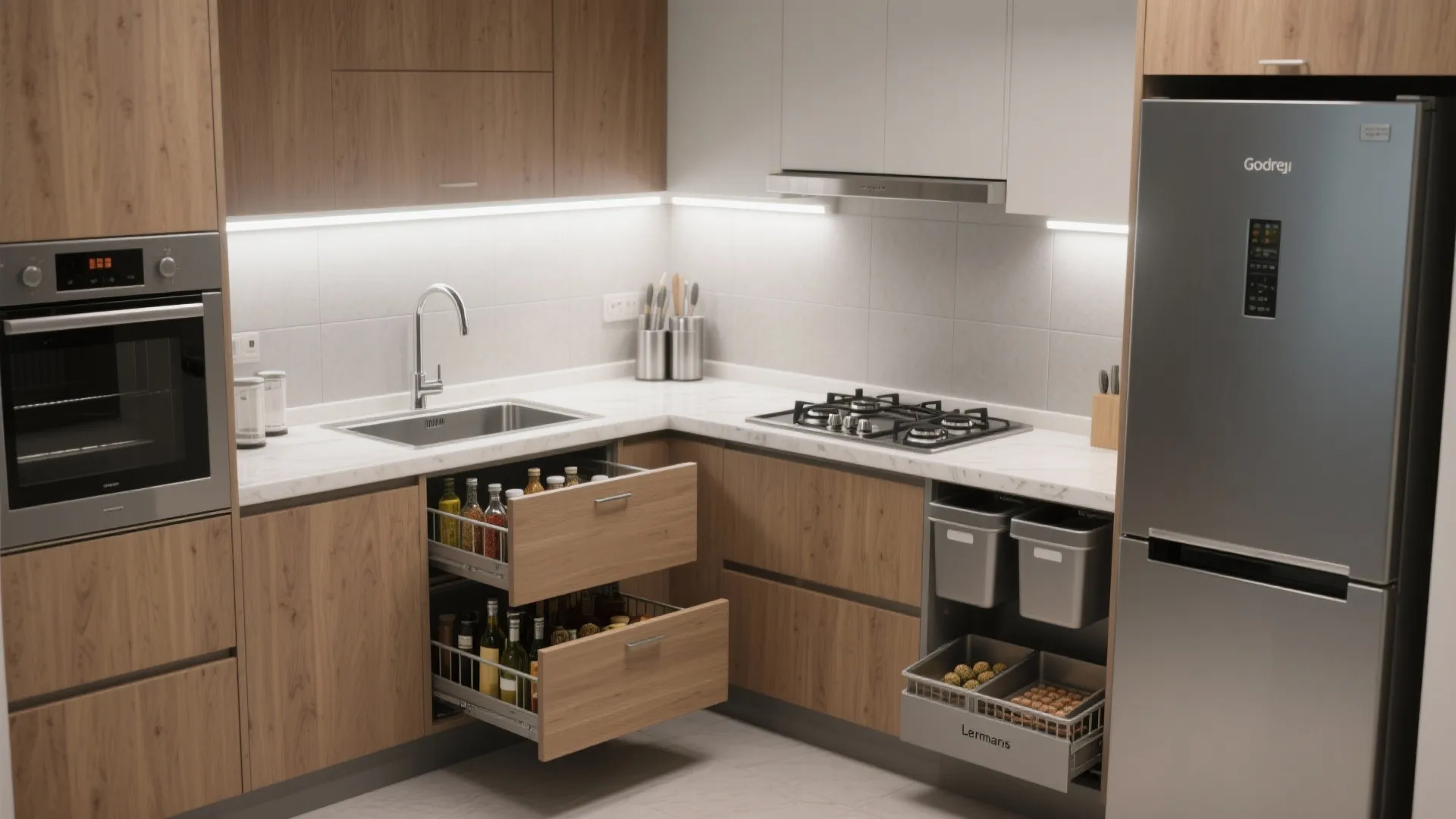 Modern kitchen with wood cabinets, white countertop, silver fridge, and organized open drawers and bins