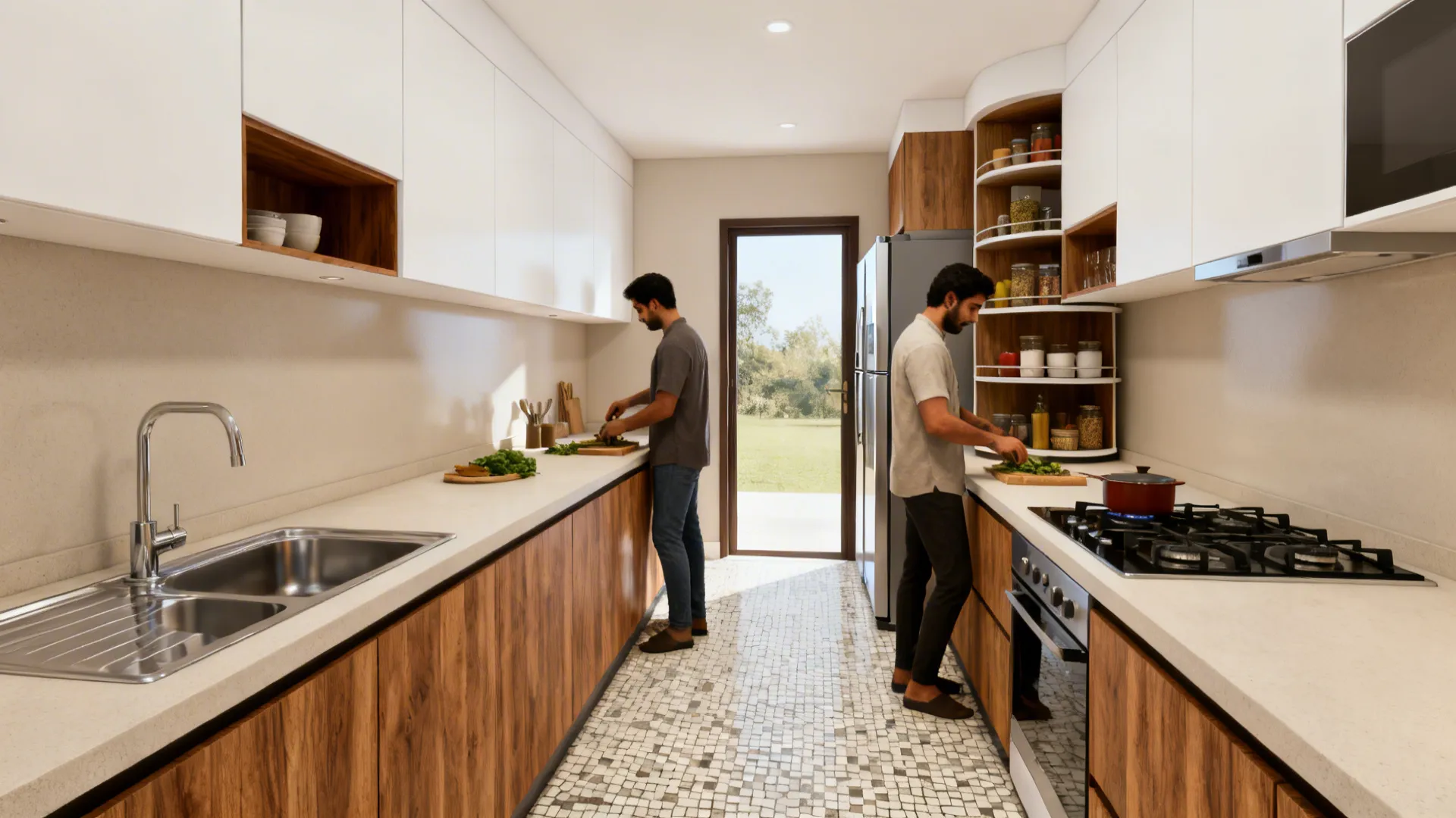 Efficient L-shaped Pakistani kitchen with corner carousel and clear aisle.