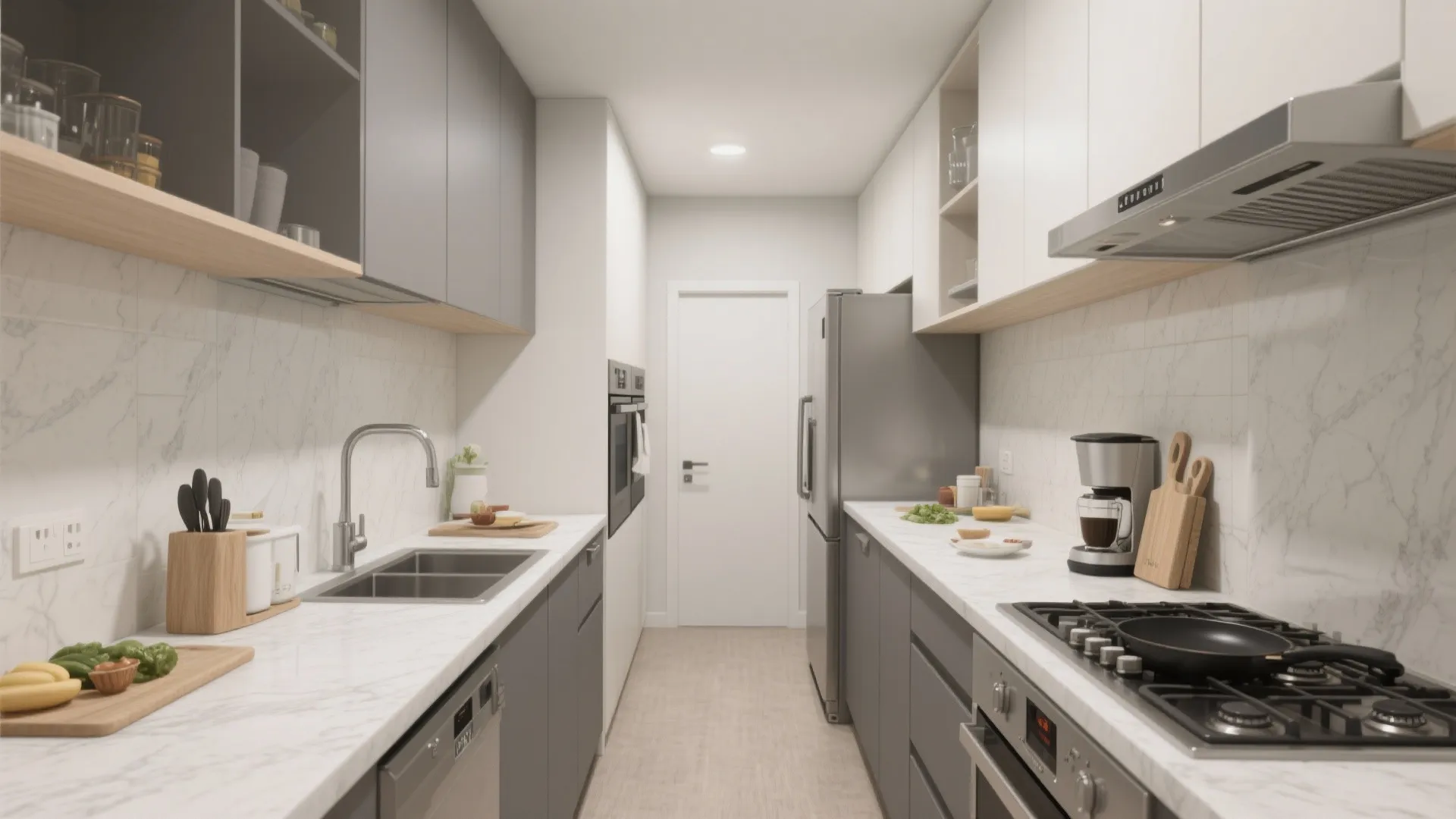 Modern galley kitchen with grey cabinets white marble countertops silver appliances and light wooden wall shelf
