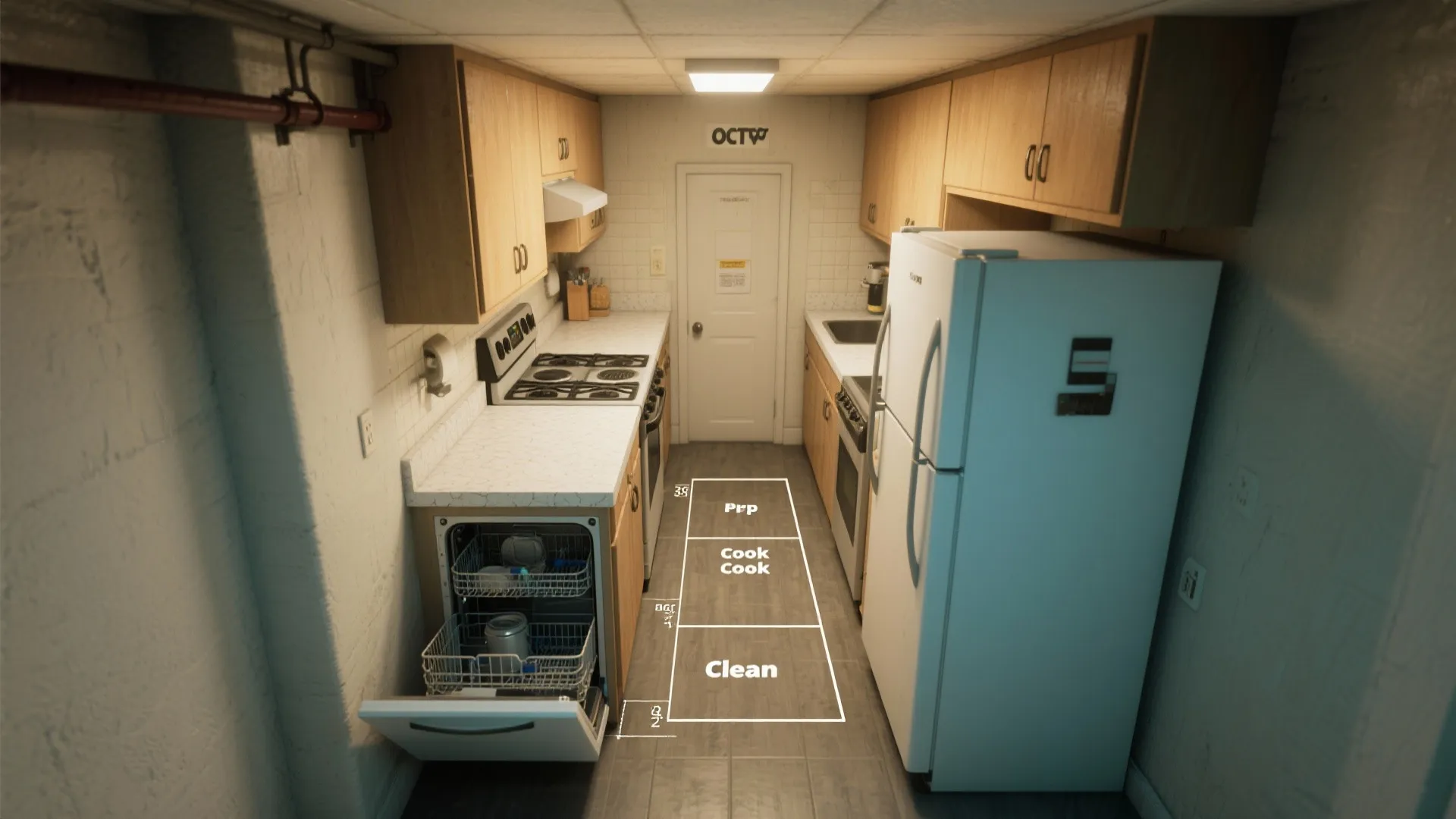 Top-down view of an efficient narrow basement kitchen layout with compact appliances and clear circulation