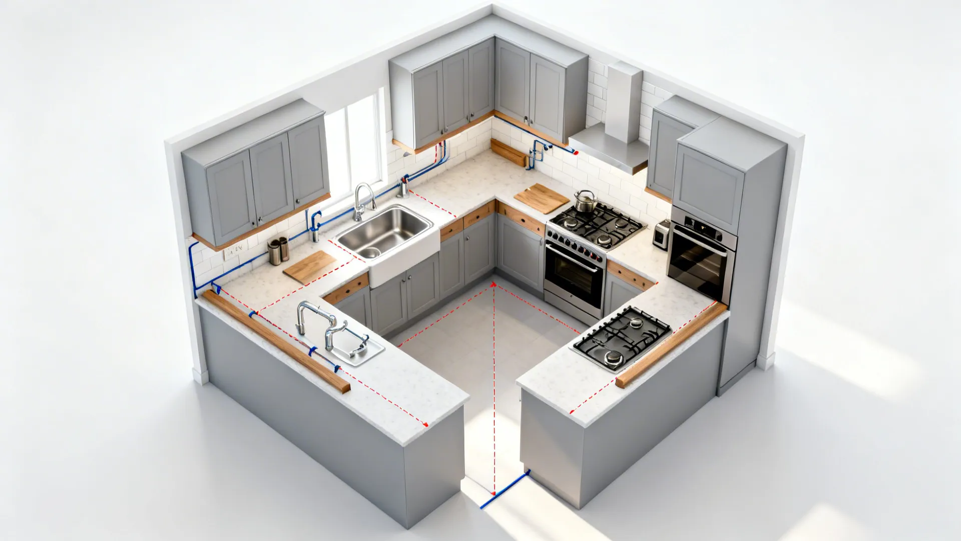 Top-down view of compact one-wall and L-shaped kitchen layouts with clear prep, cook, and clean zones.