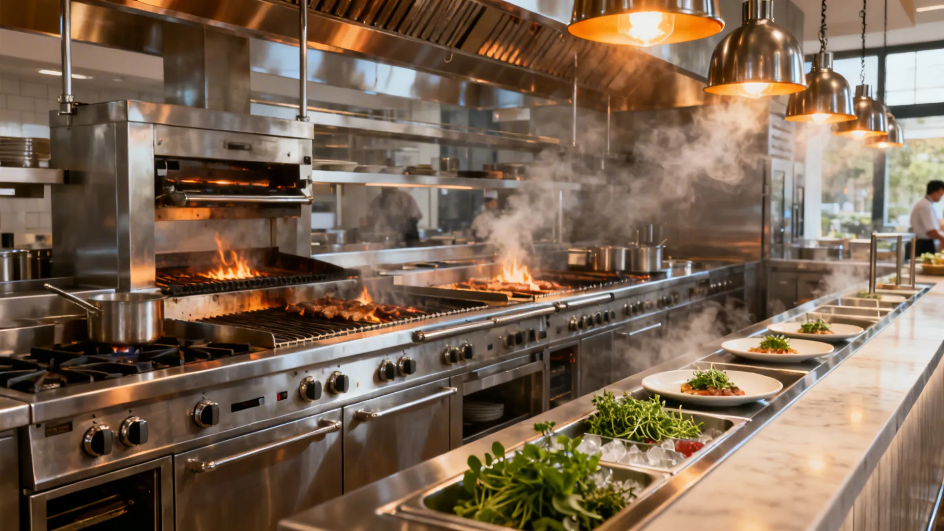 Straight cookline with double-sided heat-lamp pass and dedicated landing zones.