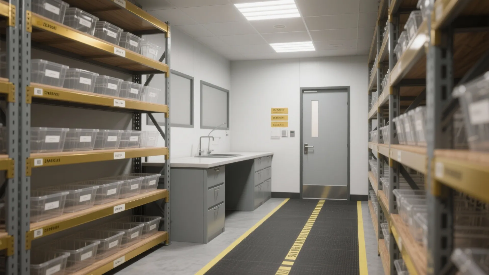 Storage room interior with metal shelves, plastic bins, a gray cabinet, and a metal door