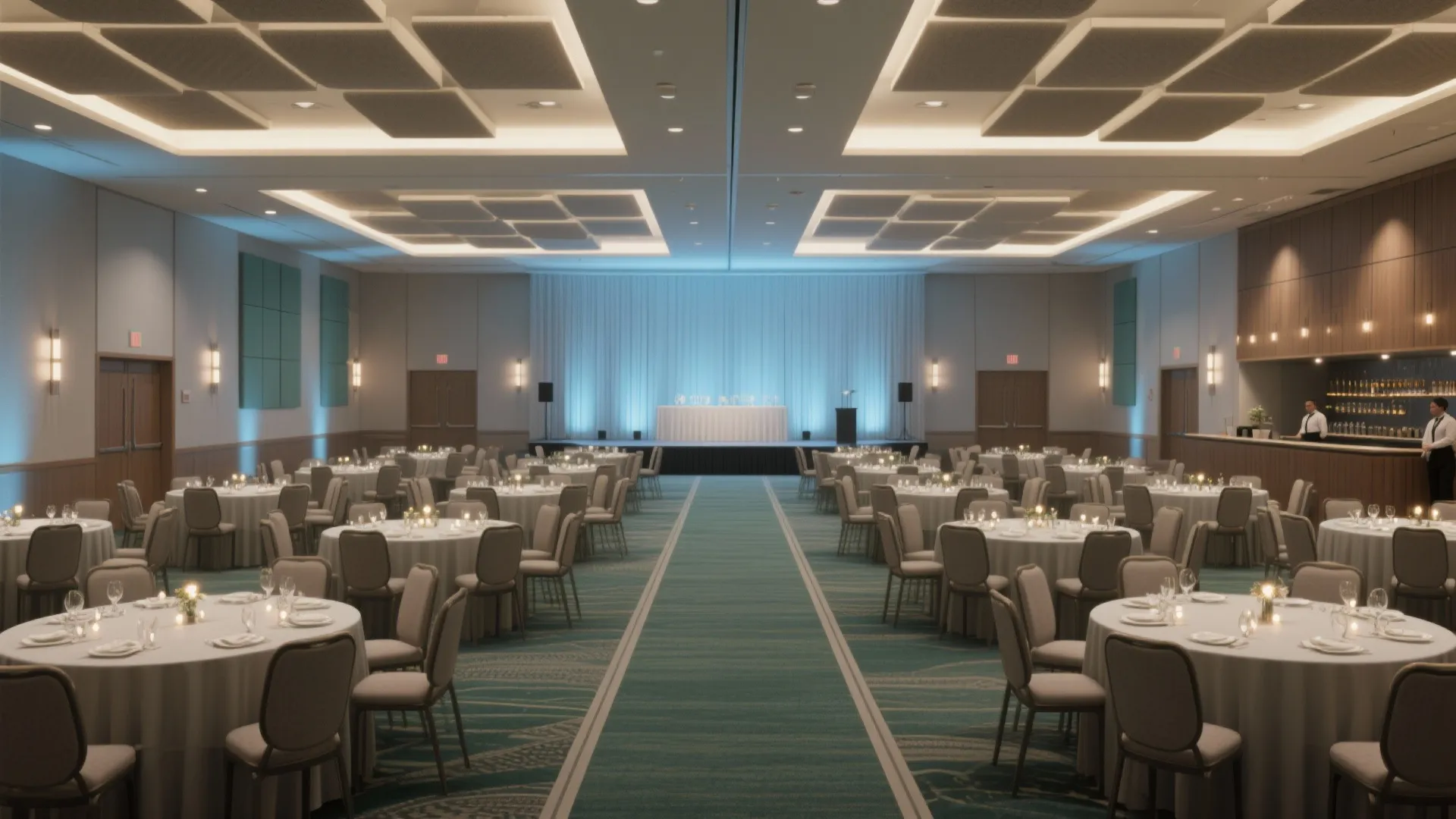 Large event hall with round tables, white tablecloths, blue stage lighting, and modern ceiling lights