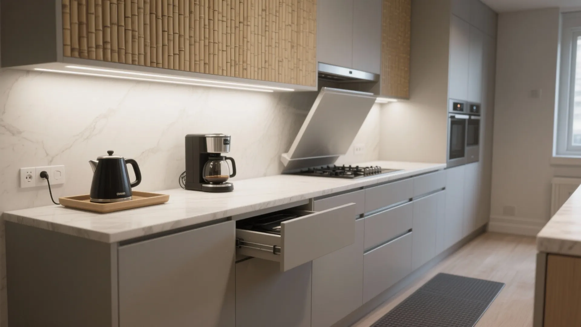 Modern kitchen with grey cabinets coffee maker black kettle marble countertop and bamboo wall panels