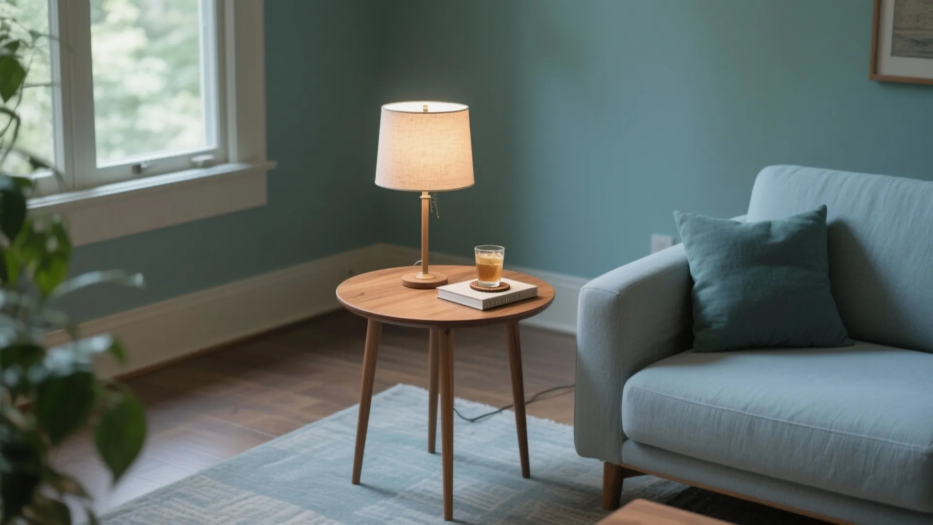 Modern living room with blue walls small wooden side table table light sofa and window