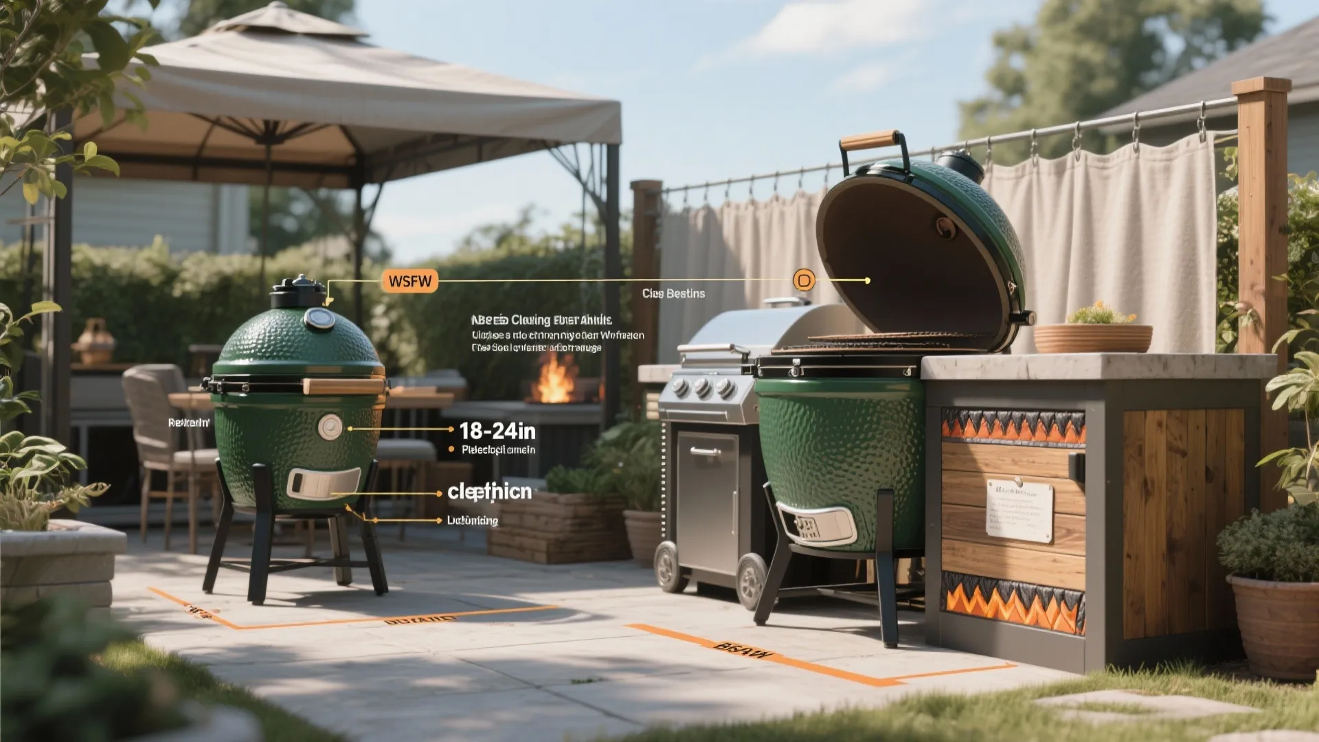 Outdoor patio kitchen area with green ceramic grills wooden cabinets and a large garden sun umbrella