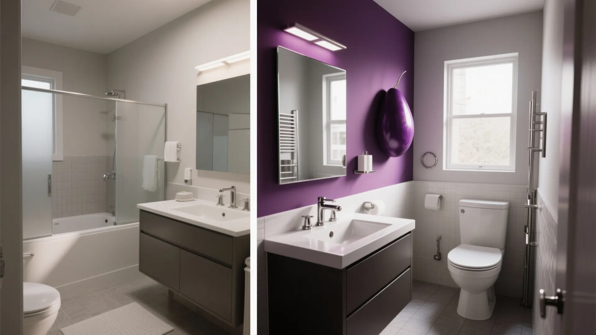 Split view showing before neutral bathroom and after with an eggplant accent wall behind the vanity for dramatic effect.