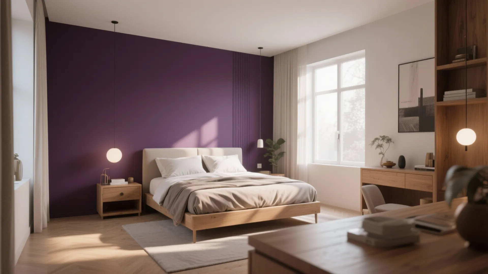 Bedroom with dark purple accent wall wooden bed frame light fixture and a large window
