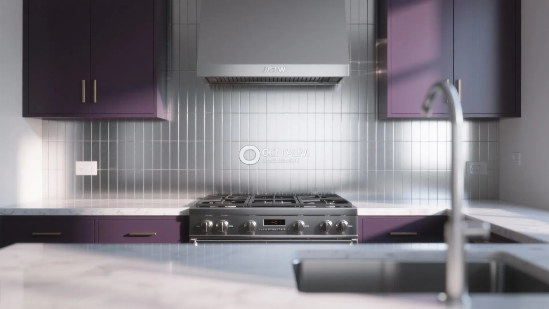 Modern kitchen with purple cabinets silver tile backsplash gas stove white marble counters and sink