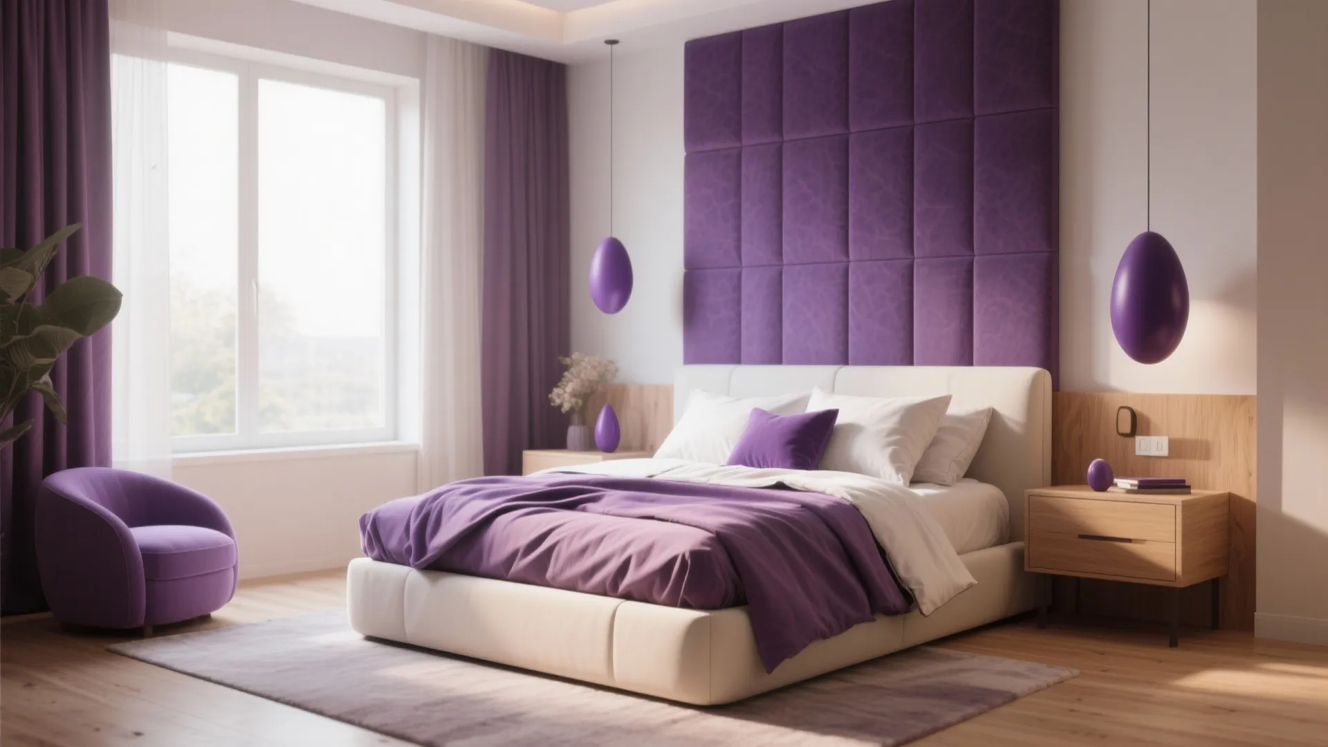 Modern bedroom with purple wall panel white bed purple bedding wooden nightstand and egg shaped