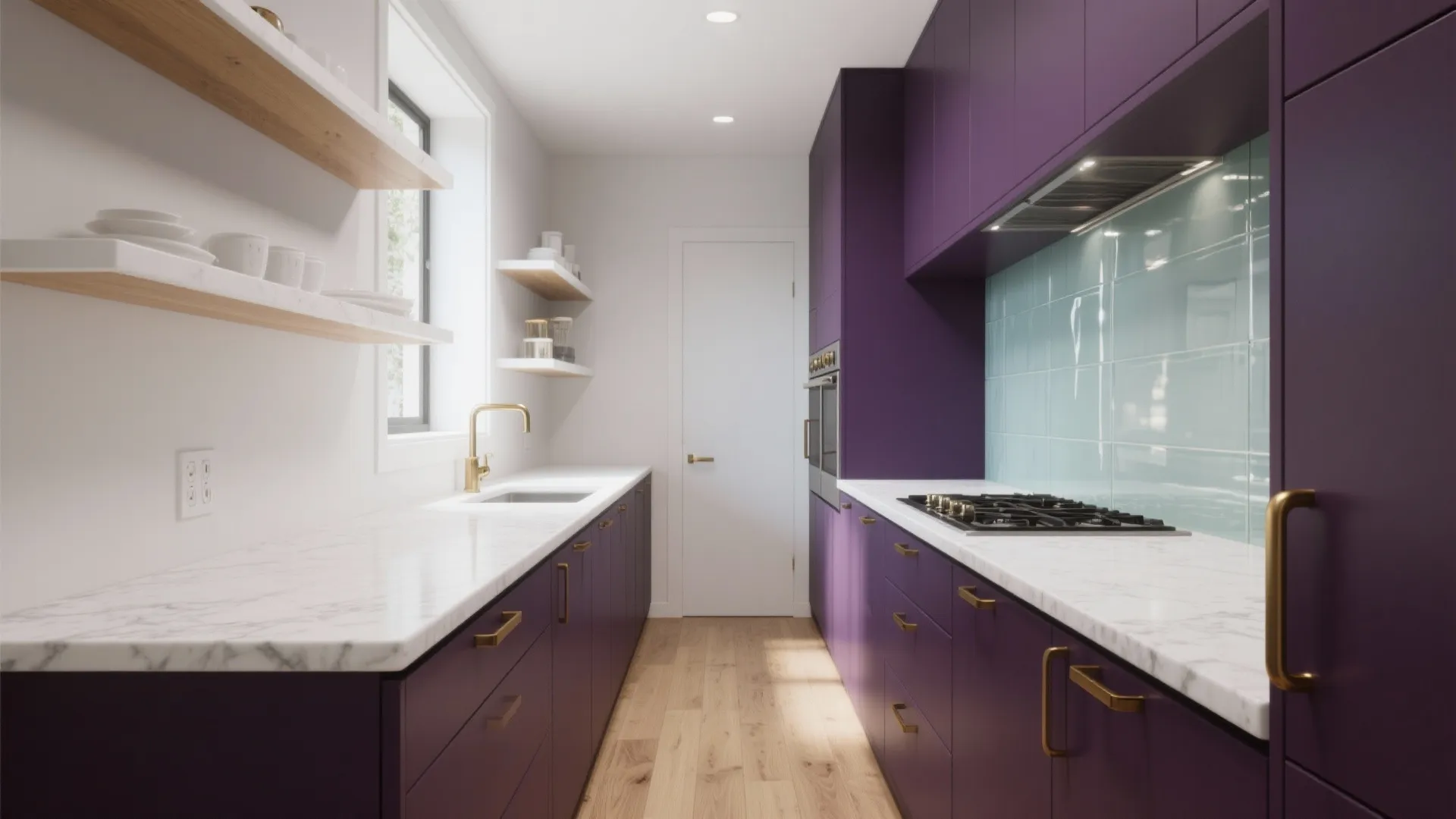 Modern kitchen with purple cabinets white marble countertops wooden shelves gold faucet and blue tiles