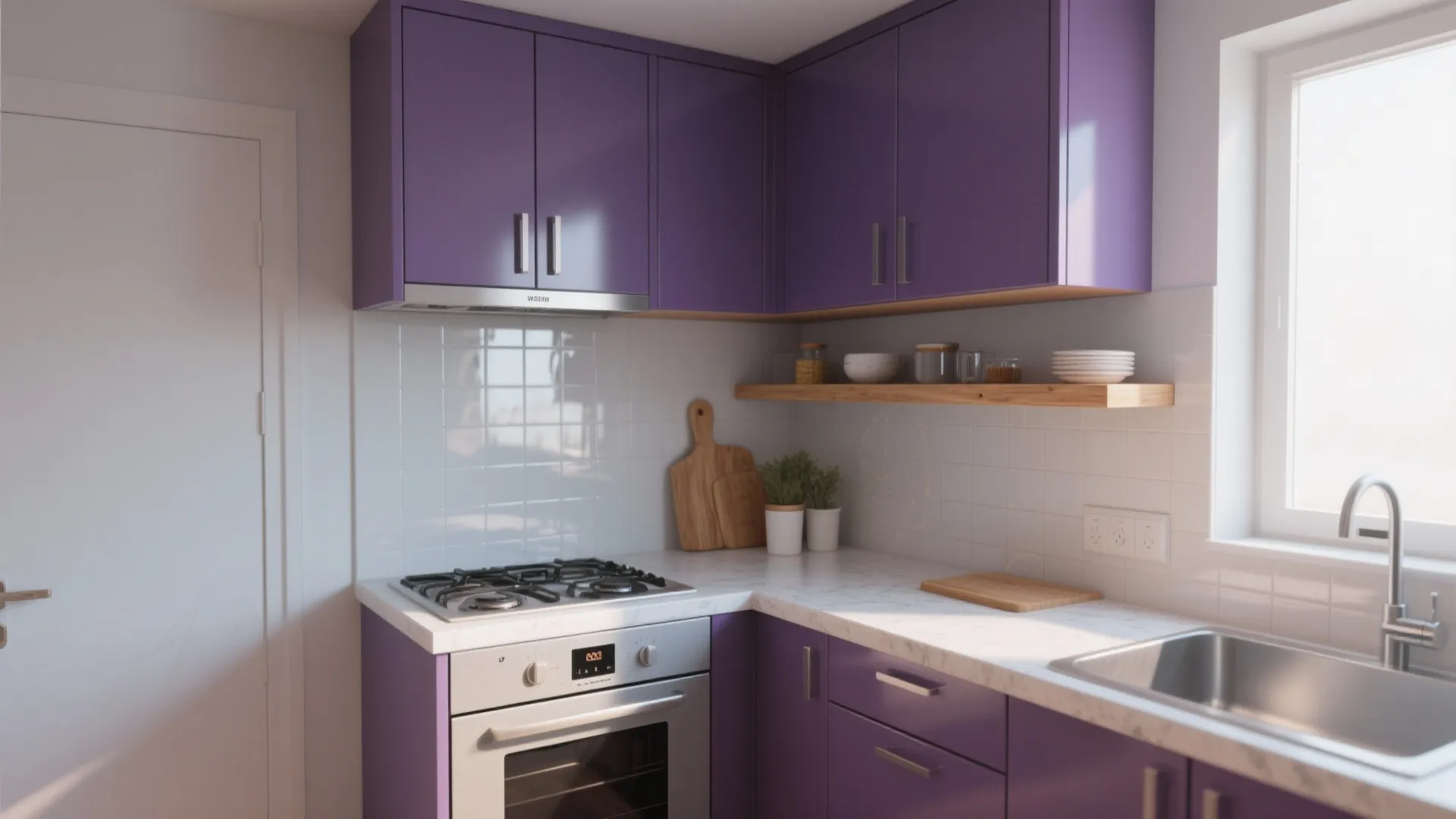 Small kitchen layout with purple cabinets white tile backsplash marble counter and a steel sink