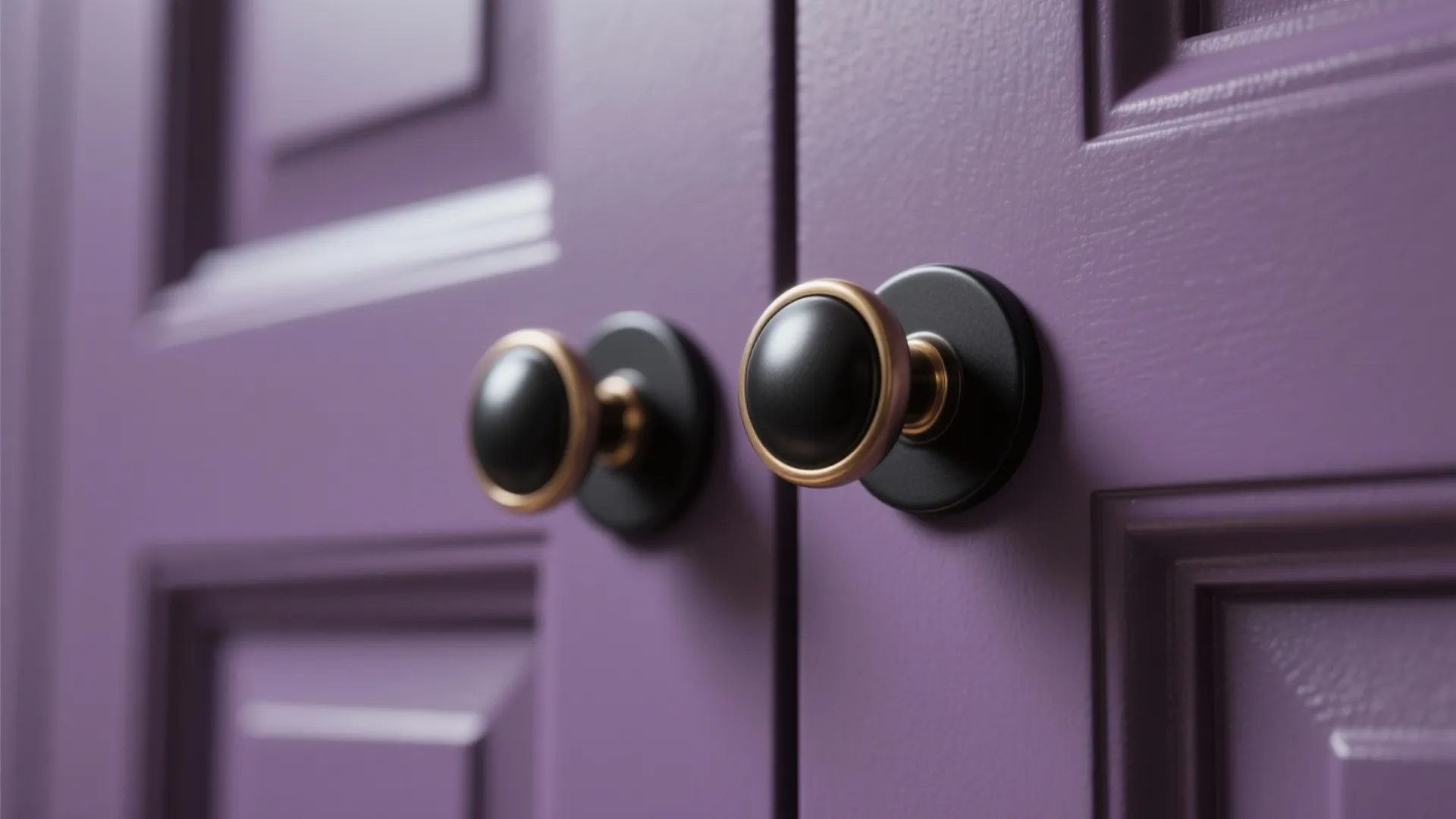 Close up of black and gold round door knobs on purple wooden kitchen cabinet door panels