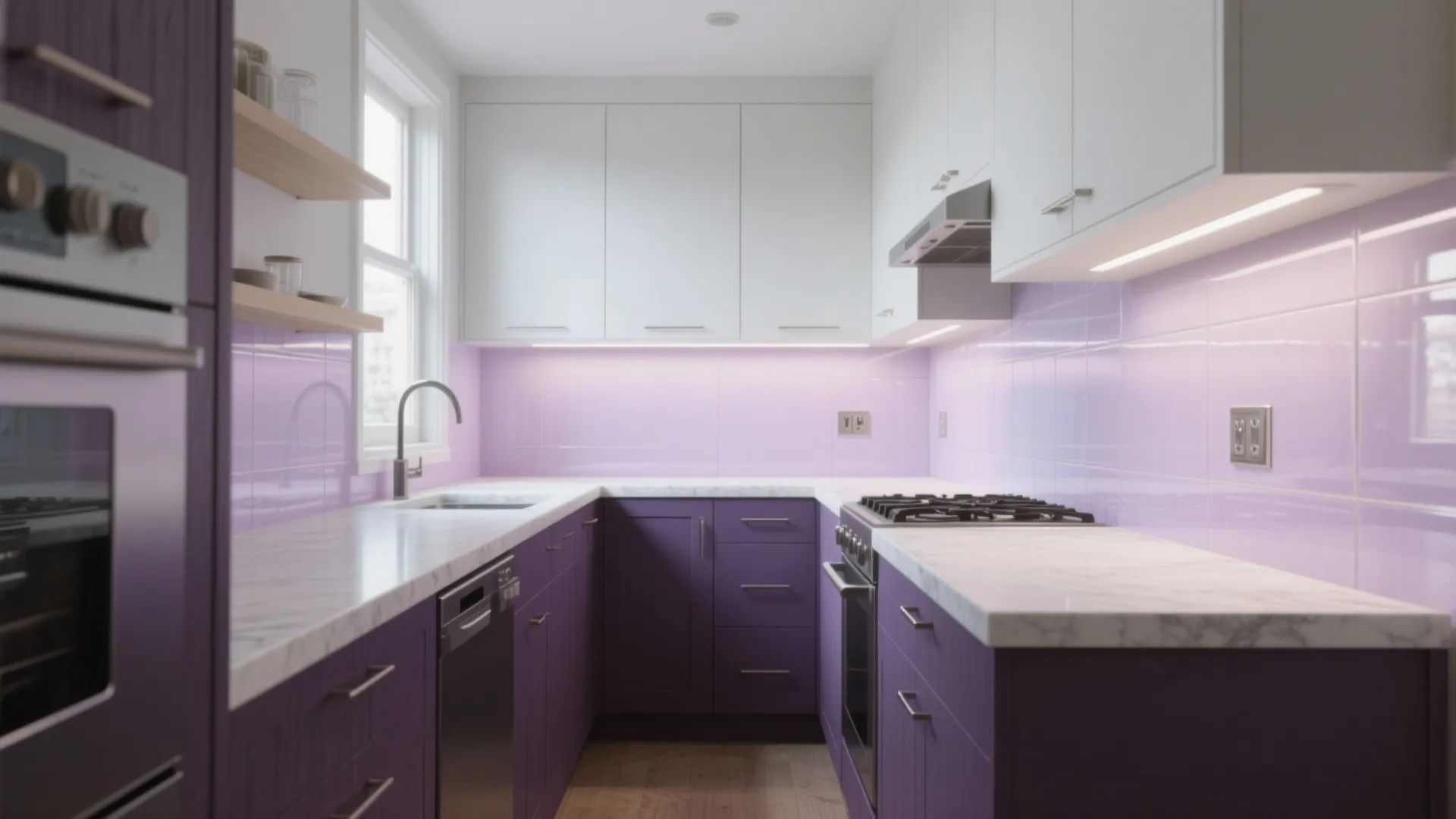 Eggplant Lower Cabinets in a Small Kitchen