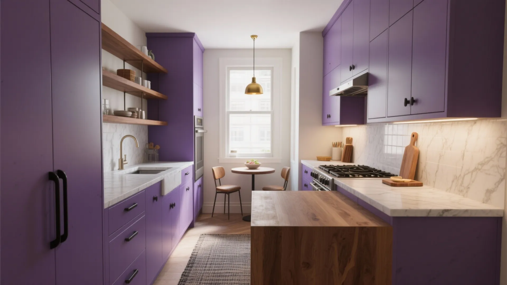 Modern kitchen with purple cabinets white marble counters wood island small dining table and gold light