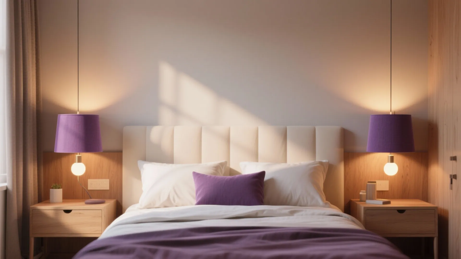 Elegant bedroom design with purple hanging light fixtures above wooden nightstands and white headboard bed