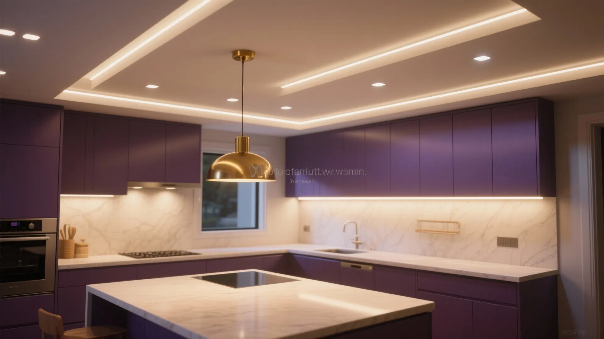 Modern purple kitchen with gold ceiling light white marble counters and warm integrated cabinet lighting