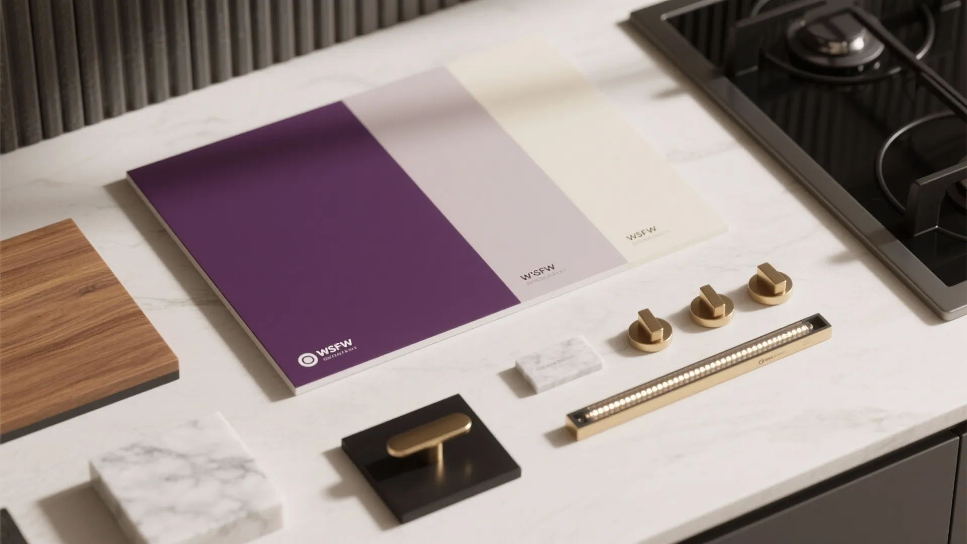 Material board with purple color samples gold handles and marble tiles on white kitchen counter