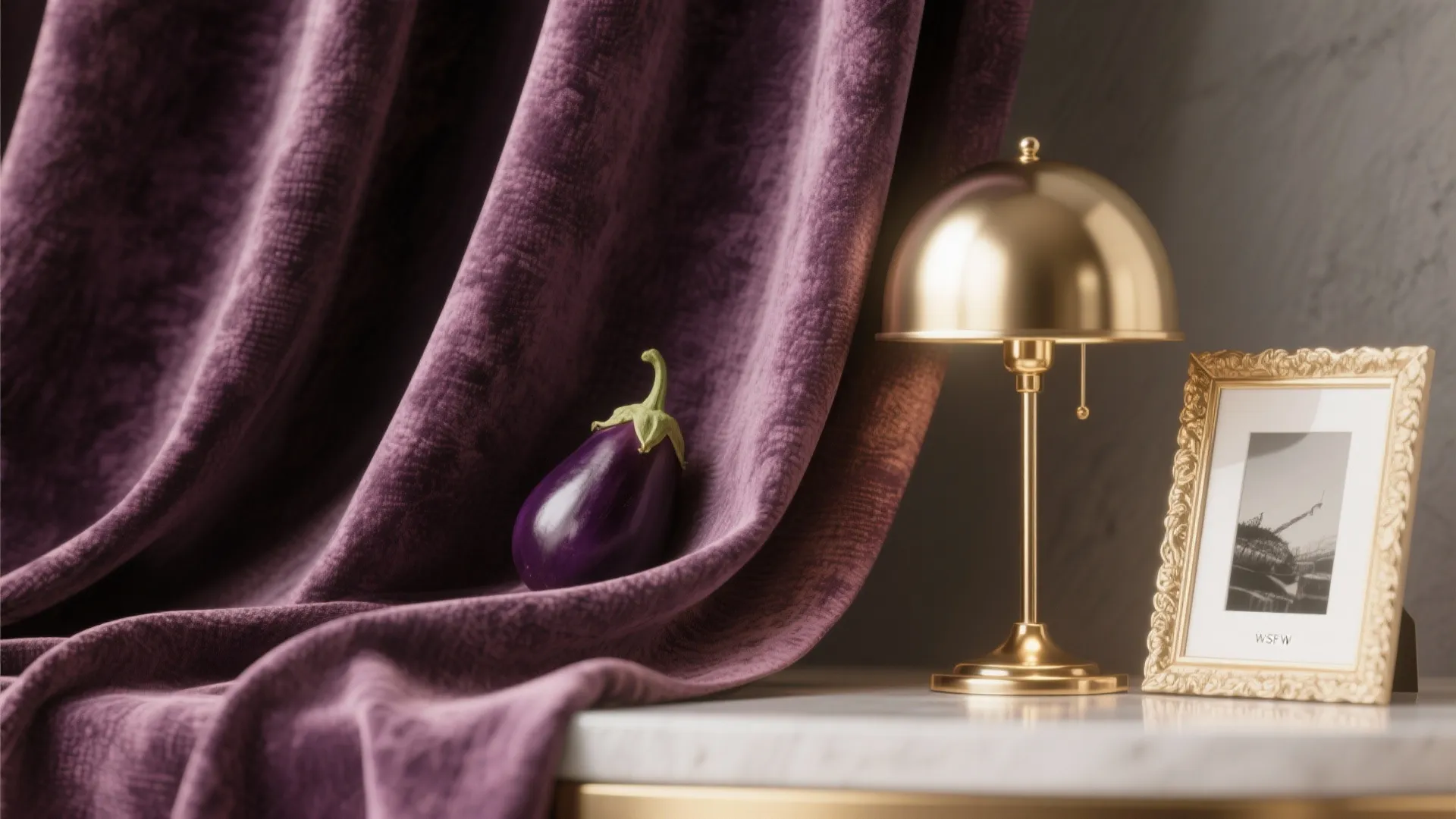 Purple velvet curtain with gold lamp picture frame and an eggplant on marble table top