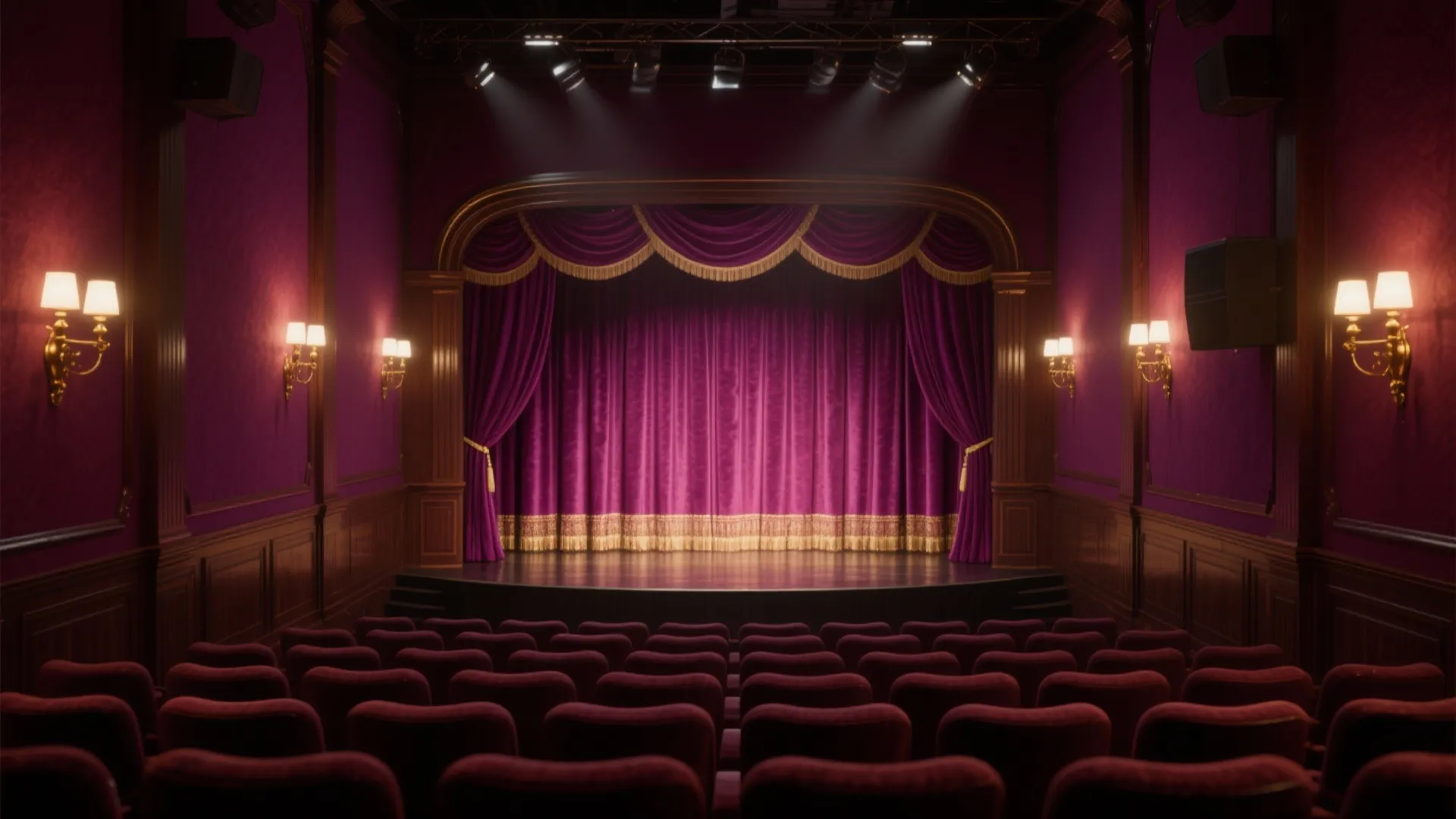 Classic theater room with purple curtain stage red velvet seats wall lights and dark wood panel