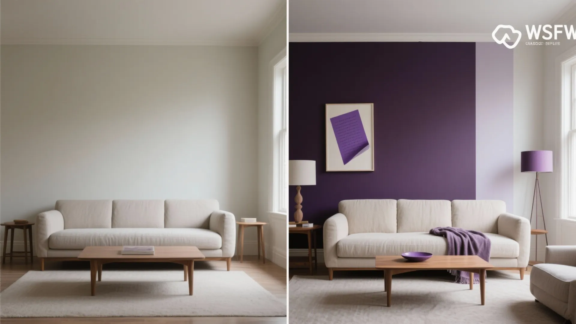 Before and after comparison of a living room showing white wall versus deep purple wall
