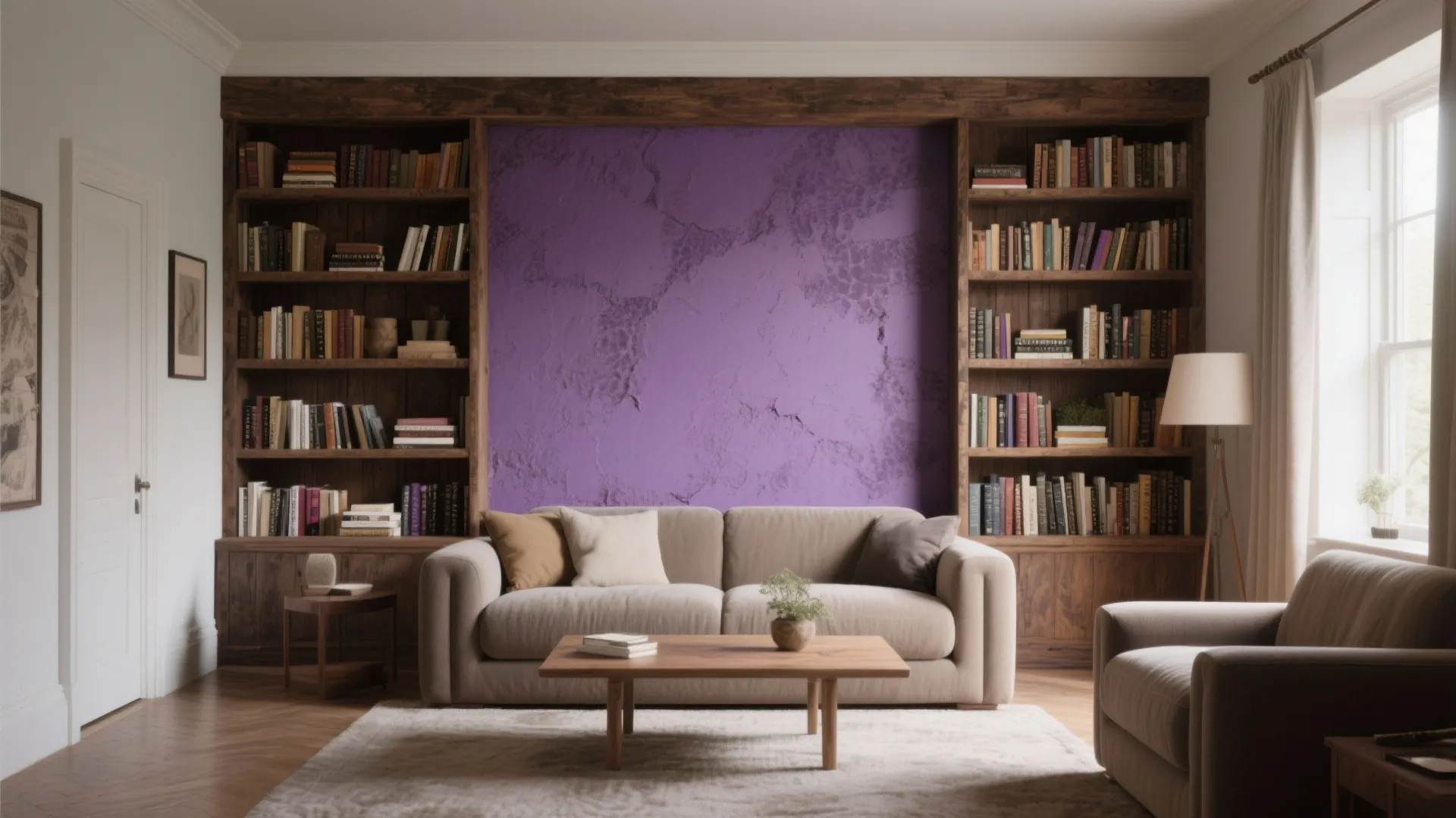 9. Eggplant Feature Wall with Rustic Brown Shelves