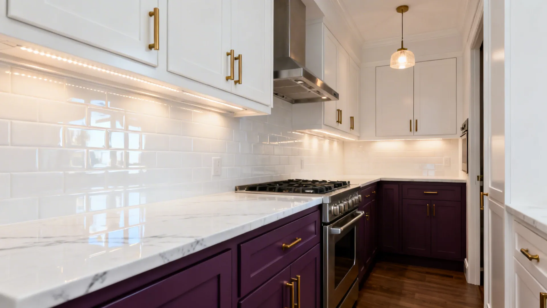 Deep Eggplant Lower Cabinets + White Uppers (balanced and modern)