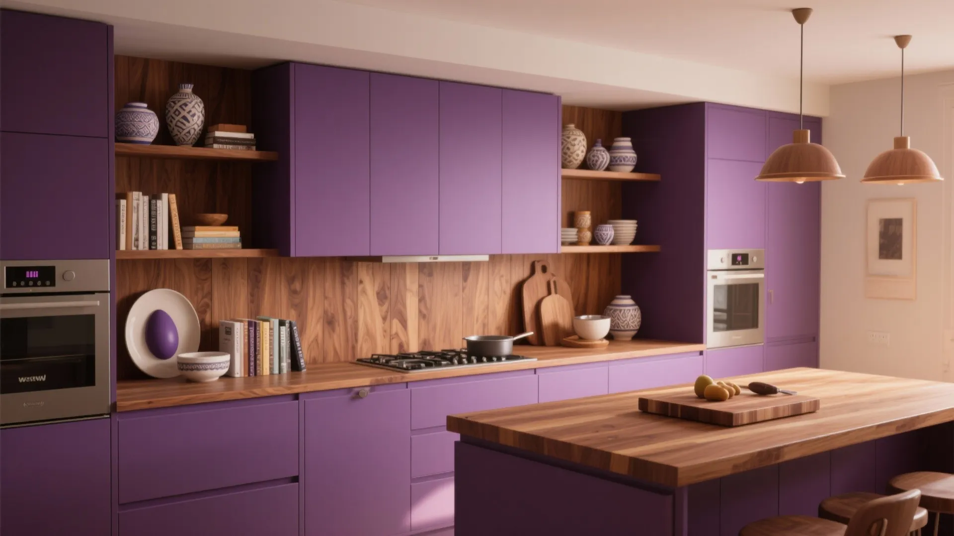 Modern kitchen with purple cabinets wood wall panels open shelves and a large central island