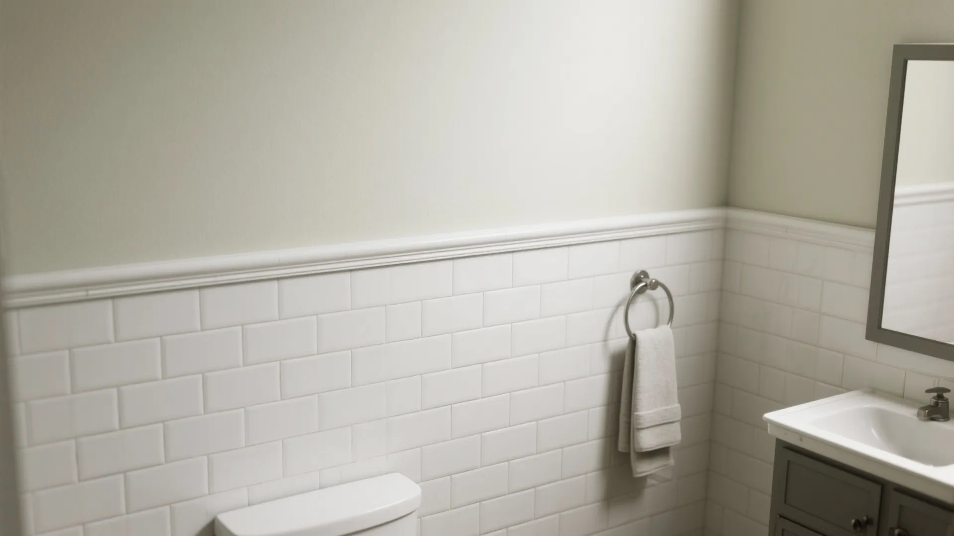 Bathroom corner with white subway tiles white wall panel beige wall towel and small sink