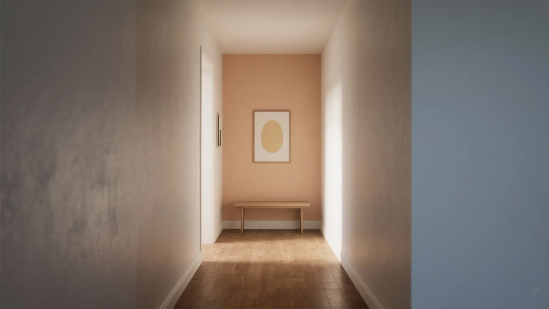 Modern hallway with peach accent wall, wooden bench, framed art, and bright natural sunlight coming