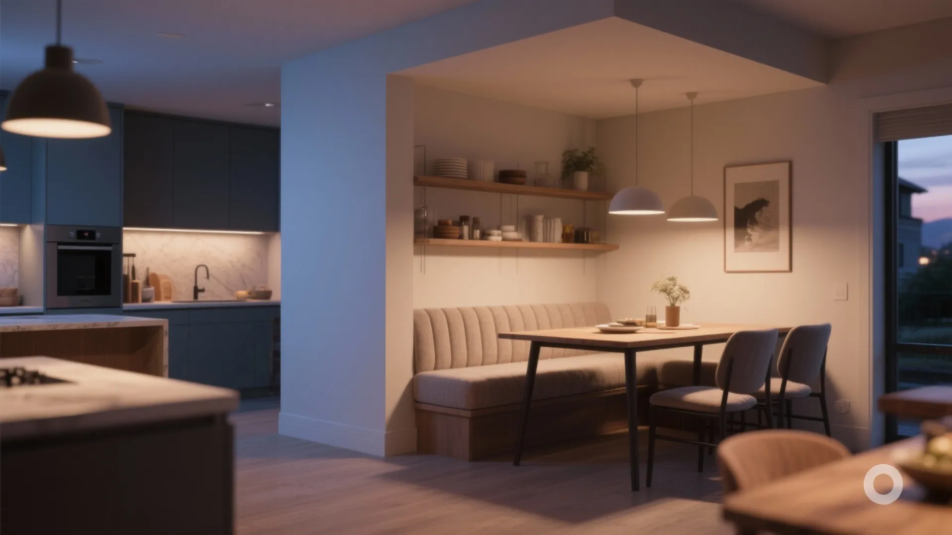 Modern dining area with wooden table, built-in sofa seating, warm ceiling lights, and kitchen view