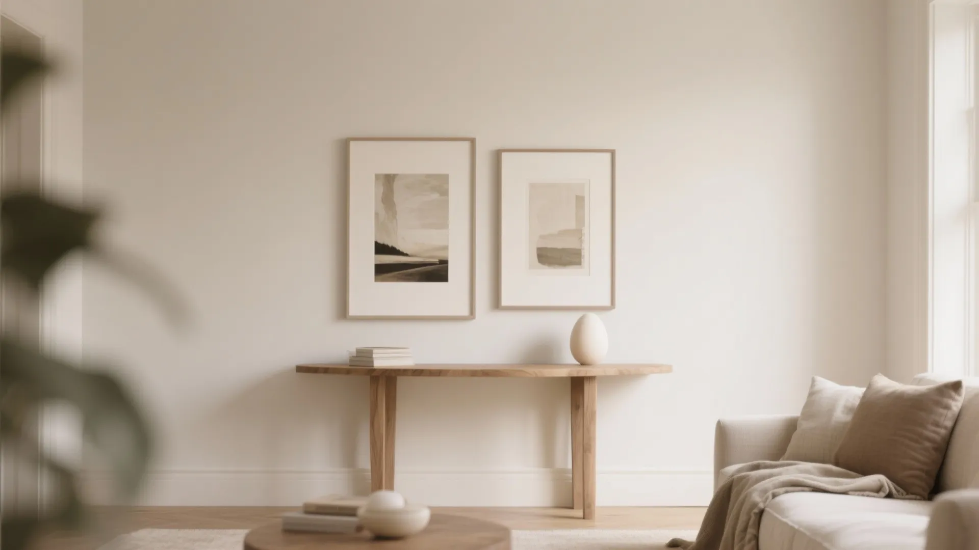 Living room wall with two framed pictures above wooden table, sofa, and bright natural light