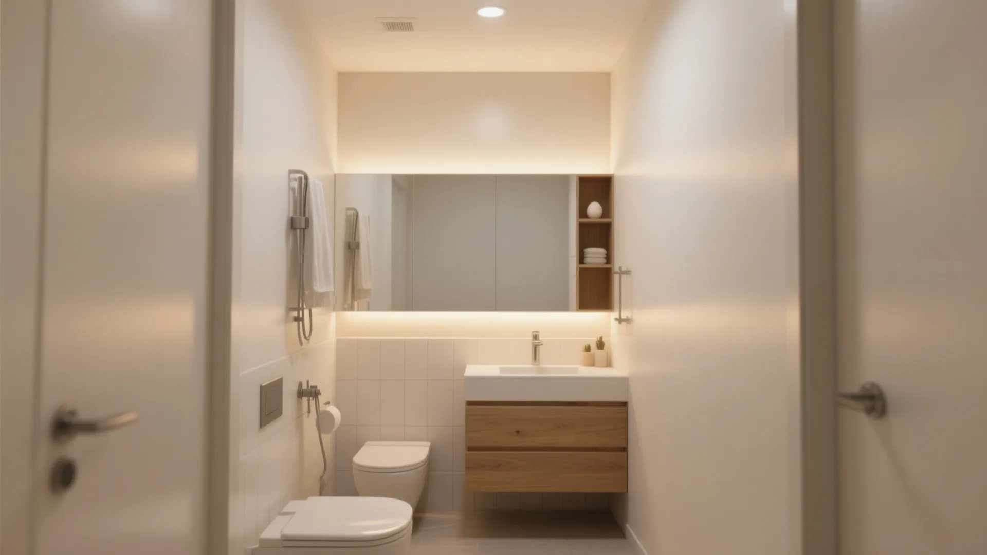 Minimalist bathroom with wooden cabinet white sink toilet large mirror and warm recessed ceiling light