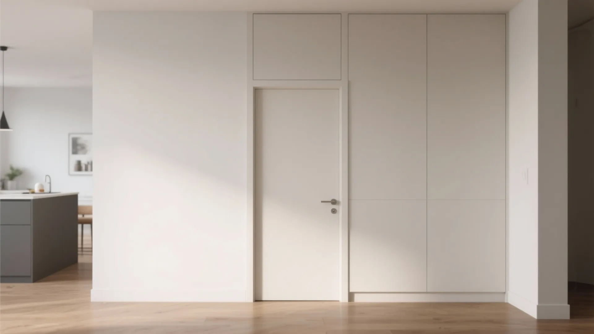 Minimalist room with a cream door, matching wall panels, wooden floor, and a small kitchen