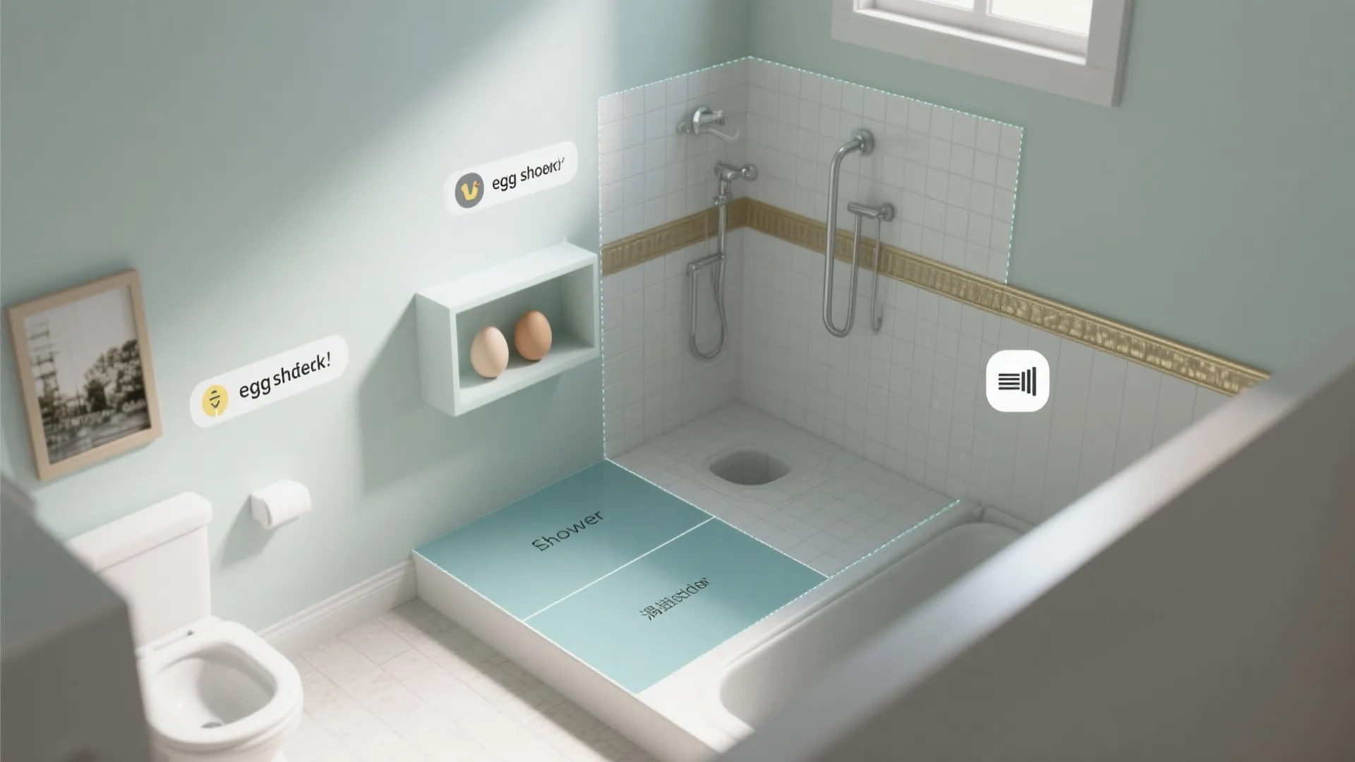 Diagram showing bathroom layout with shower area and bath tub next to white toilet seat
