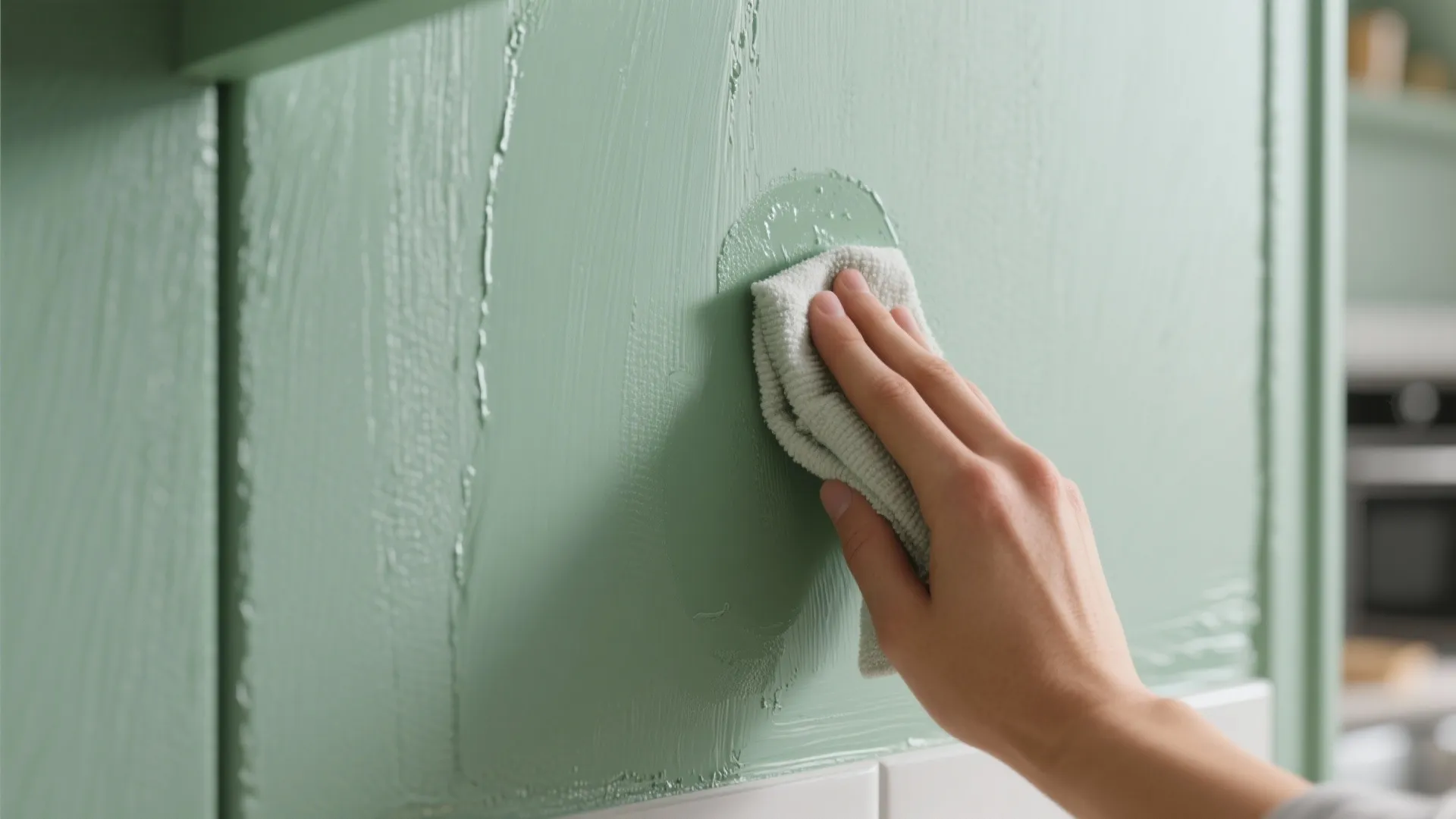 Macro of eggshell-finish green paint on a kitchen wall showing subtle sheen and washable texture.