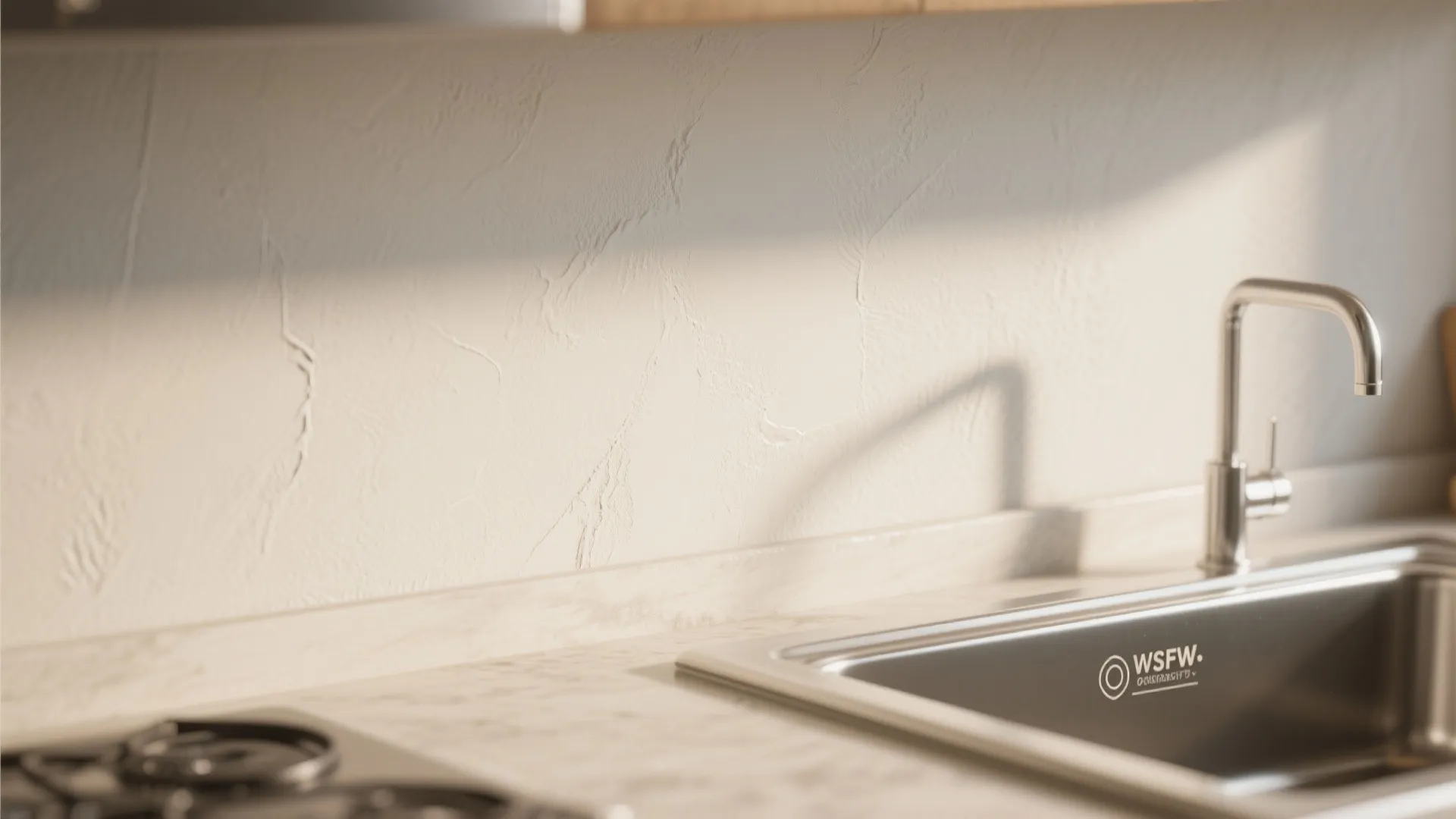 Close up view of a kitchen sink with a metal water tap and marble stone countertop