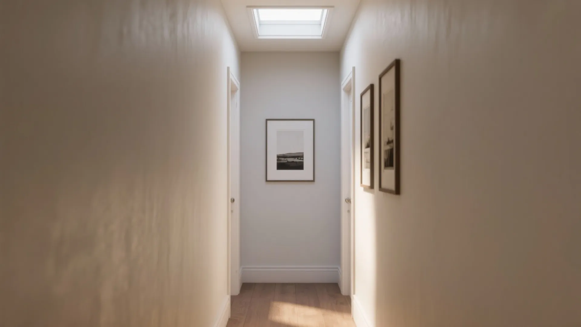 Narrow white hallway with wood floors and a small roof window providing soft natural light