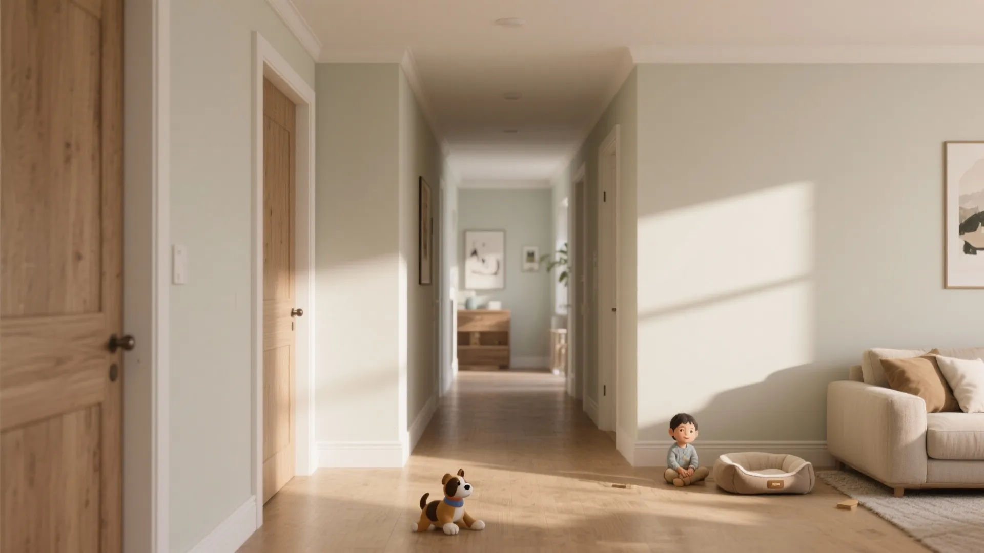 Bright home hallway with wooden floor light green walls wooden doors and a small sofa