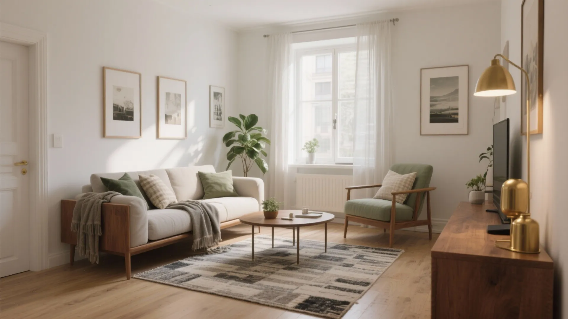 Bright living room featuring white sofa, green armchair, wooden furniture, patterned rug, and natural light