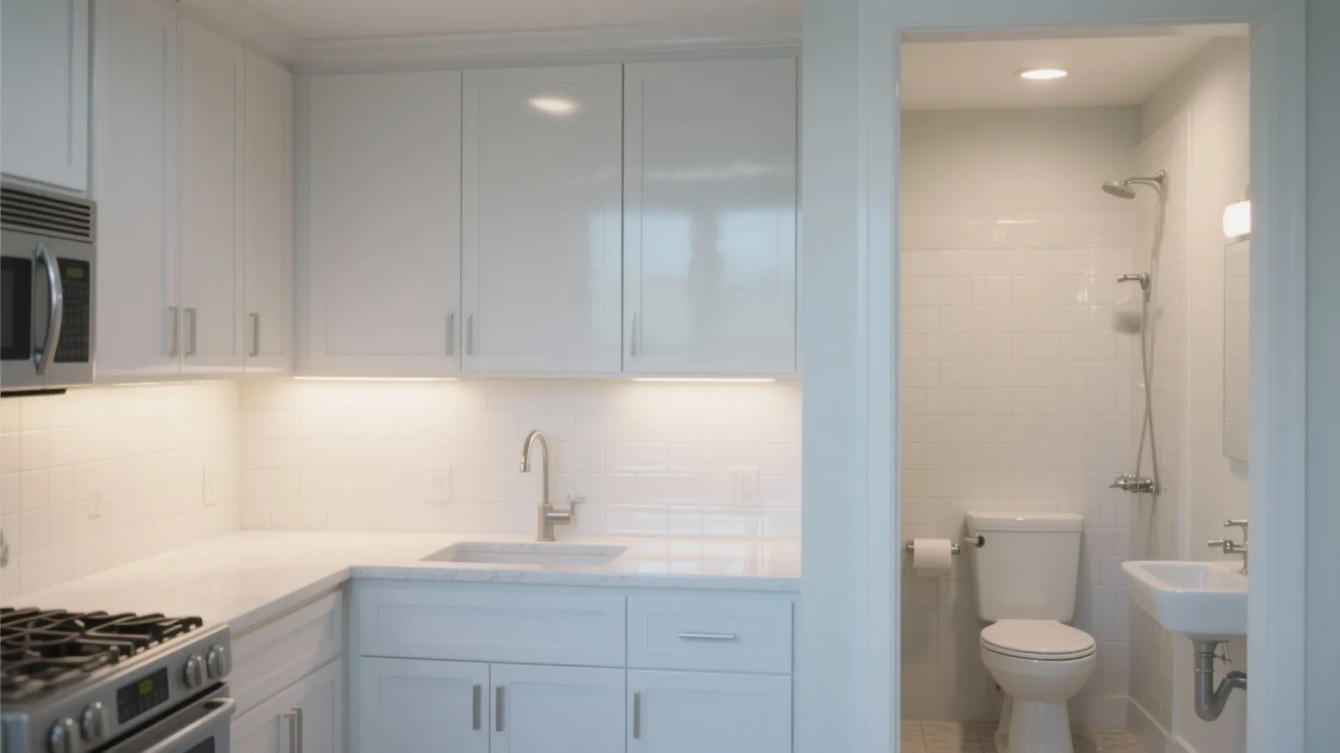 Compact white kitchen with cabinets and sink next to a small bathroom with a toilet