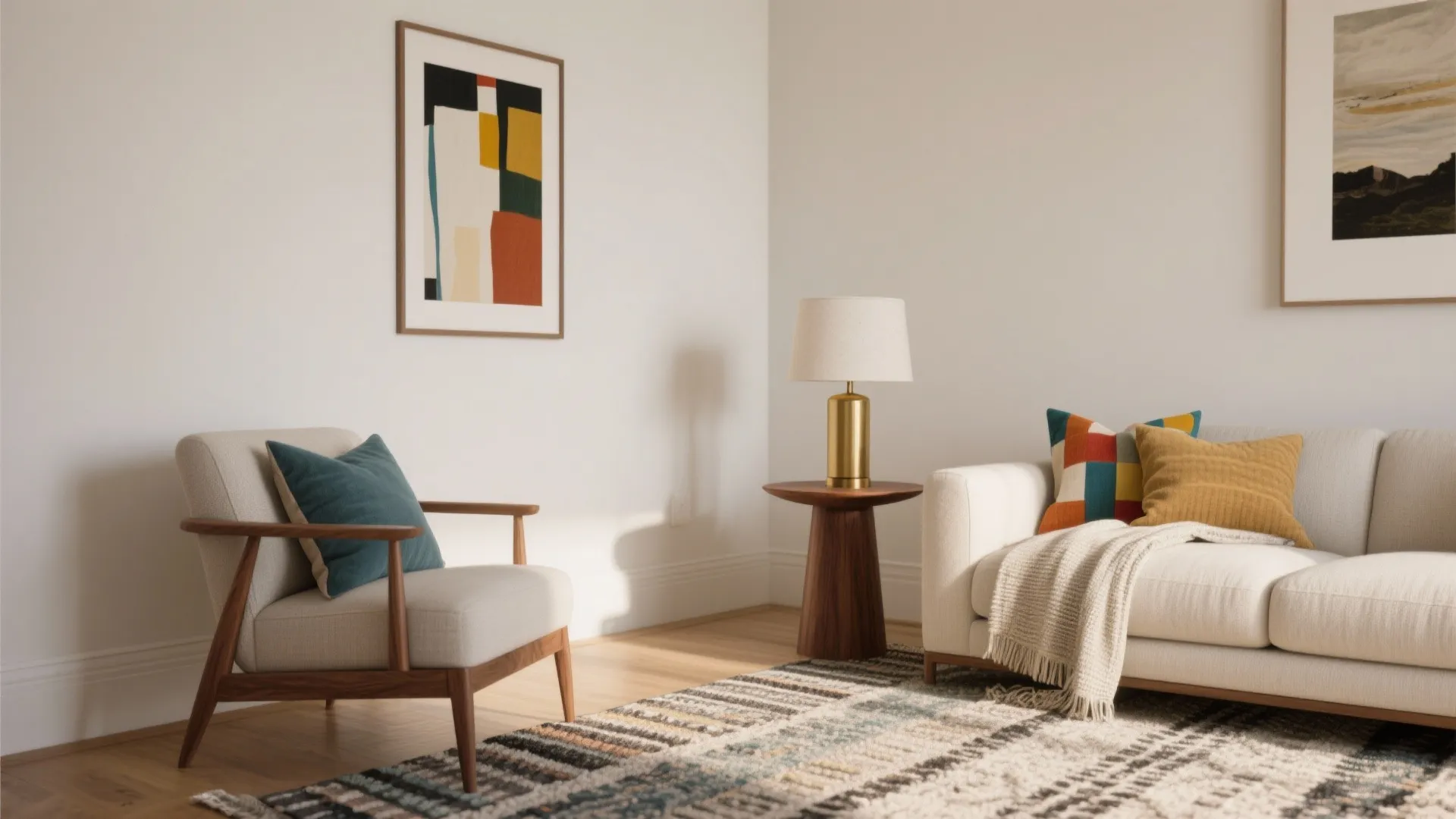 Living room corner with white sofa armchair wood side table gold table lamp and colorful art