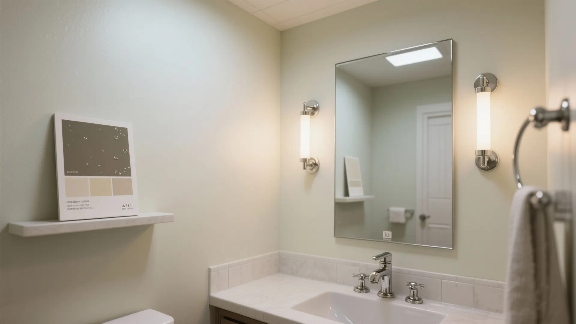Modern bathroom vanity featuring white marble countertop large mirror two wall lights and grey walls