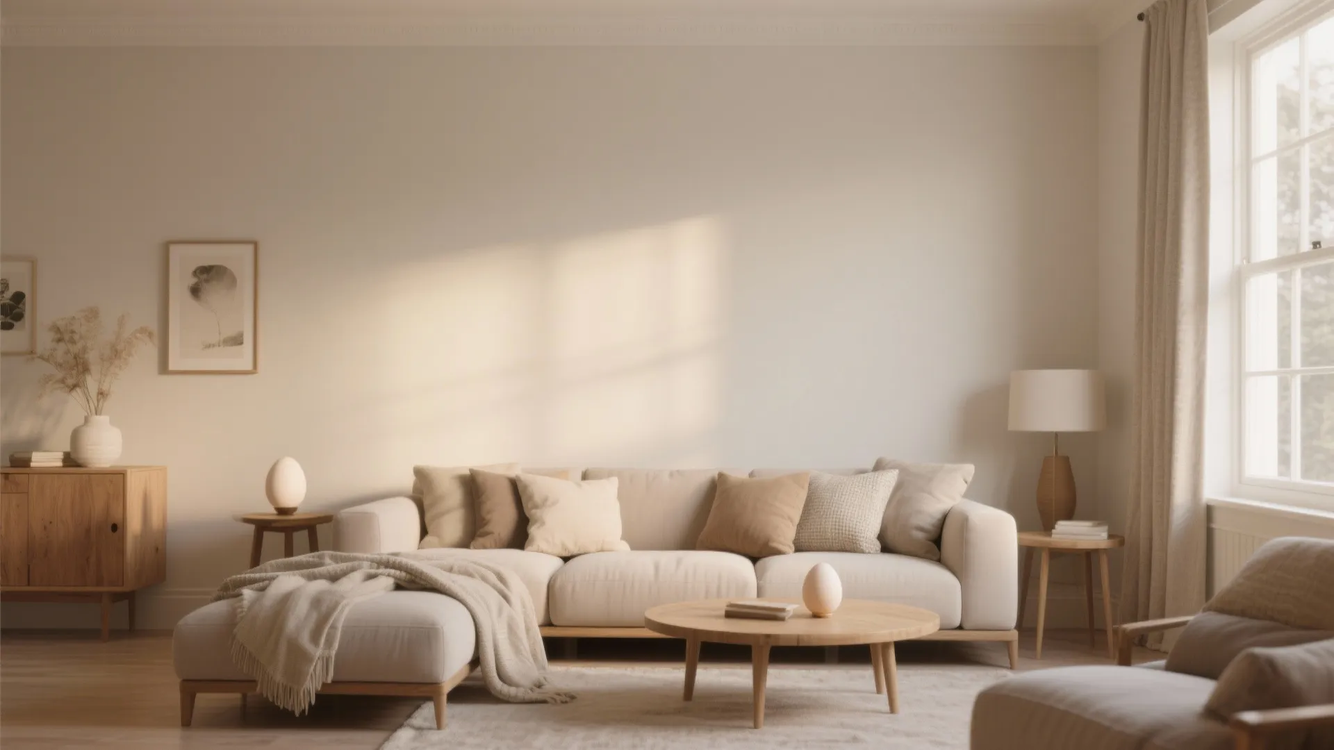 Cozy living room with eggshell-painted walls showing a soft low-luster finish and warm, lived-in styling.