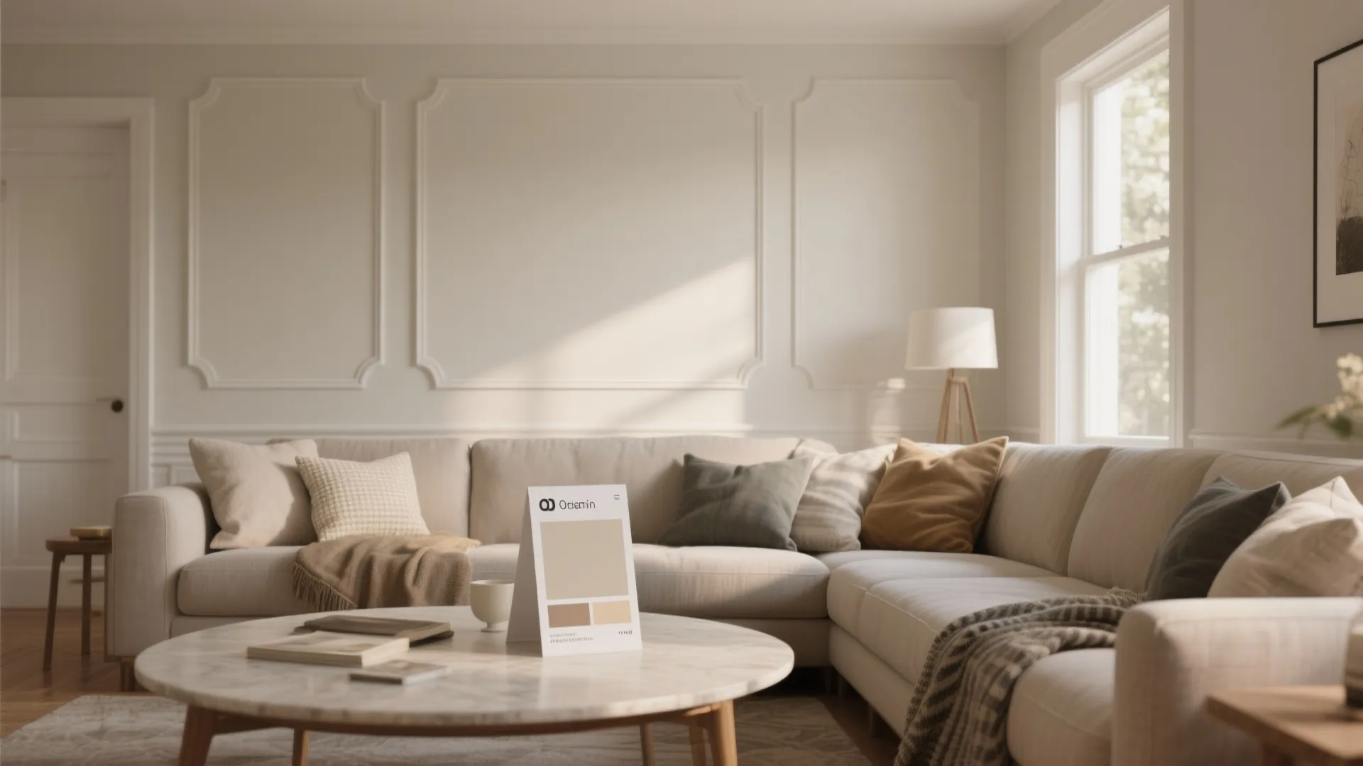 Elegant living room featuring cream sofa, wall panel, marble coffee table, and soft natural lighting