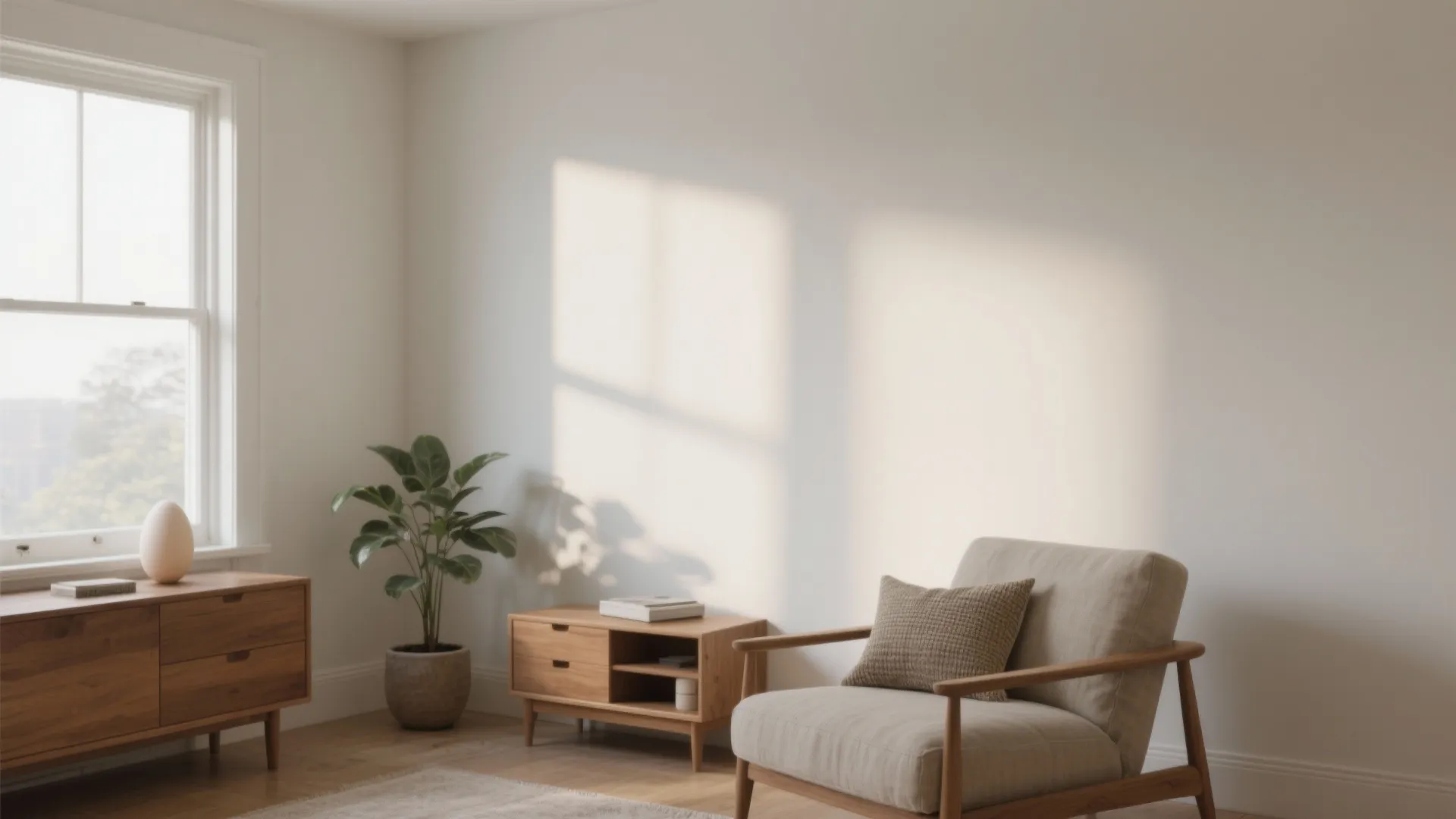 Minimalist living room with wooden cabinet beige armchair green plant windows and natural sunlight shadows