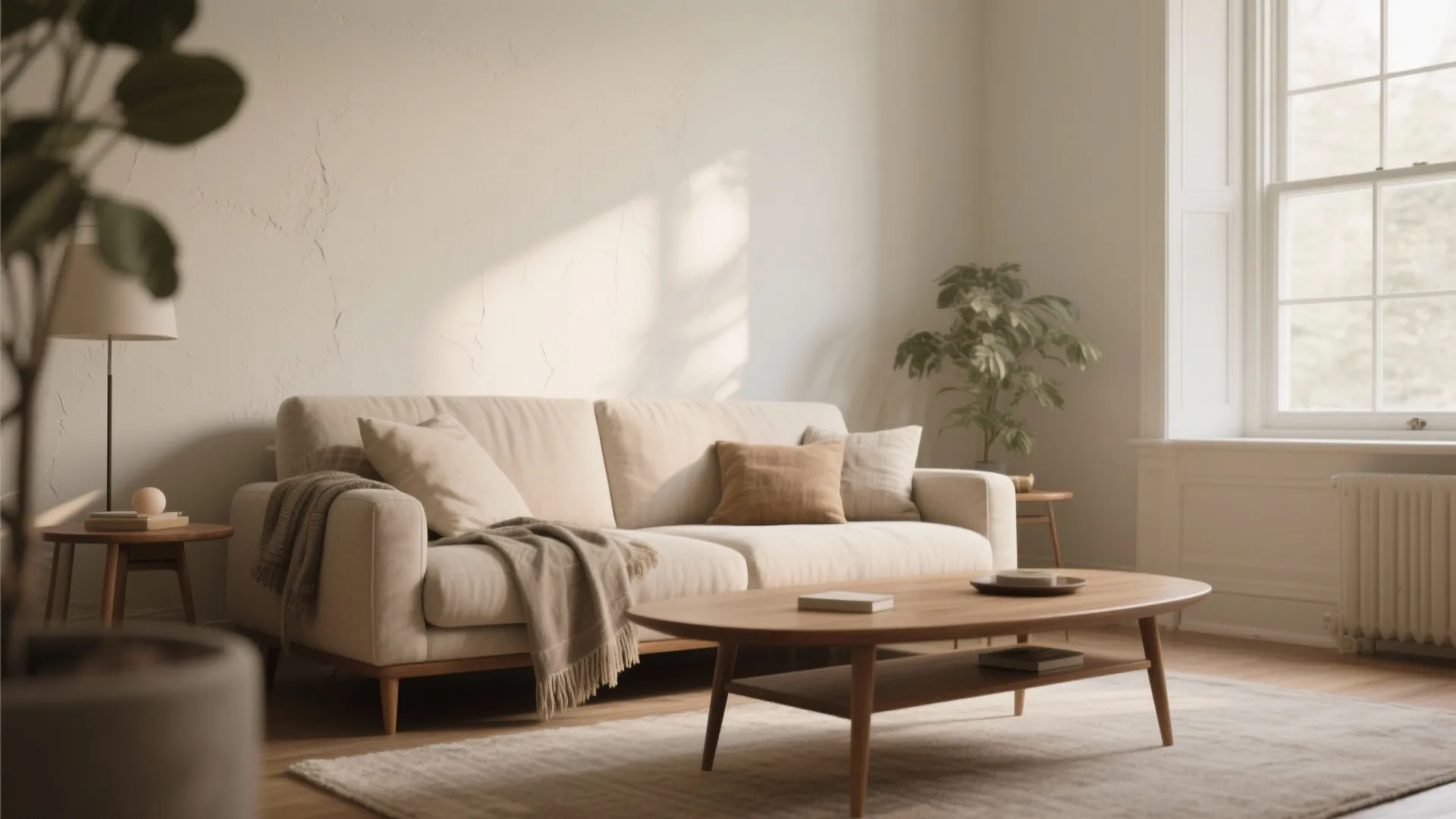 Modern minimal living room with beige sofa wooden coffee table white walls and bright natural light